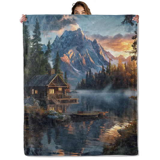 Mountain Cabin Blanket 50x60 in, Flannel Throw Blankets for Travel Camping Sofa Living Room Decor, Lightweight Cozy Soft Fuzzy Gifts for Women Adults Kids