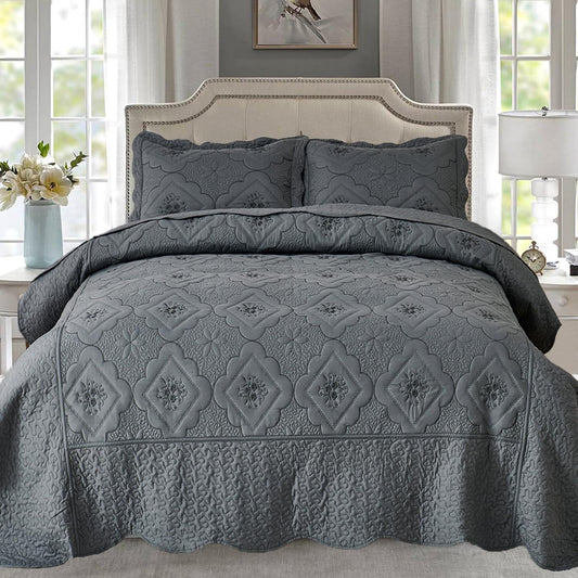 Cmfshape Floral Embroidery Quilt Set,3 Pieces Queen Quilt Bedding Set,Classic Diamond Pattern Quilts,Ultra Soft Lightweight Reversible Bedspread Coverlets for All Season(Grey,90"x90")