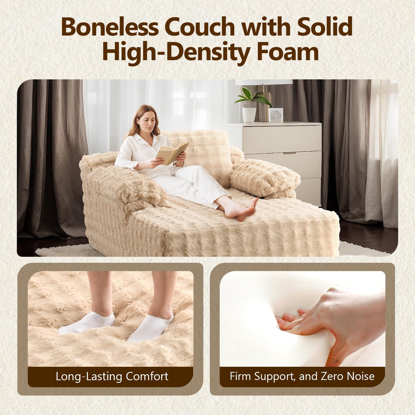 VINGLI Boneless Chaise Lounge Chair Indoor, 55.5" Deep Seat Sleeper Sofa Bed Upholstered Bubble Fleece Fabric Couches for Living Room, Bedroom, Play Room, No Assembly Required
