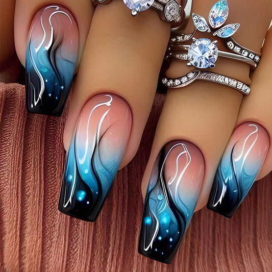 MERVF Coffin Press on Nails Long Fake Nails Black French Tip Glue ons Blue Ombre Design Acrylic Goth Ballerina Flame Fire Summer Manicure Art Glossy 24pcs