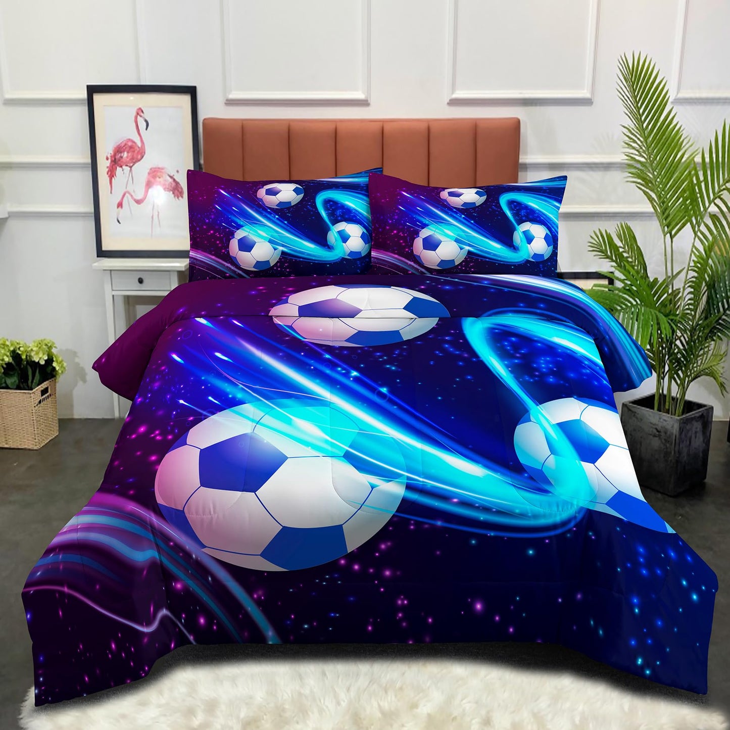 Peopleareok Soccer Comforter Set Twin (68x86 Inch), Purple Blue Soccer Theme Comforter, Sports Soccer Bedding, 2 Pieces Soft Microfiber Football Bedding Set for Boys Kids with 1 Pillowcases