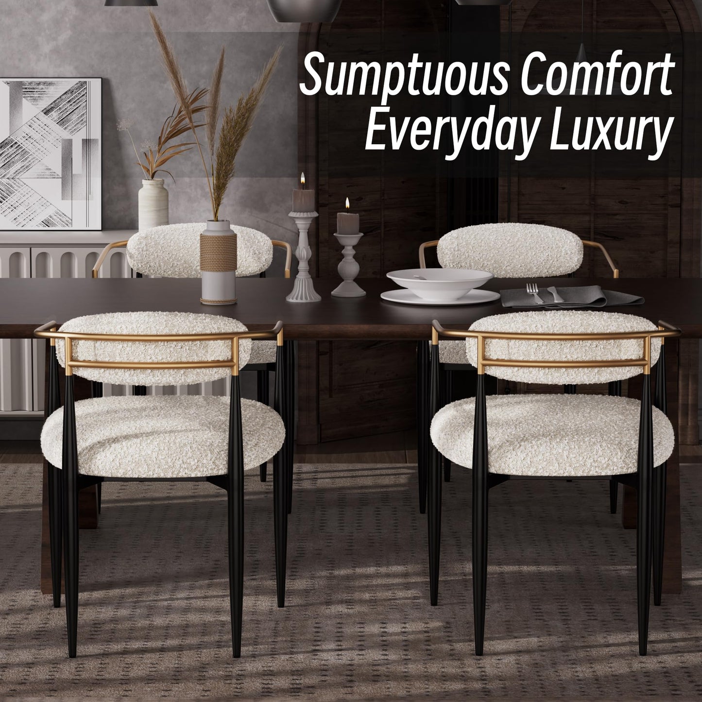 Morden Fort Modern Dining Chairs Set of 2, Cream Boucle Dining Chairs with Upholstered Cushions and Gold Arms for Kitchen, Living Room and Apartment