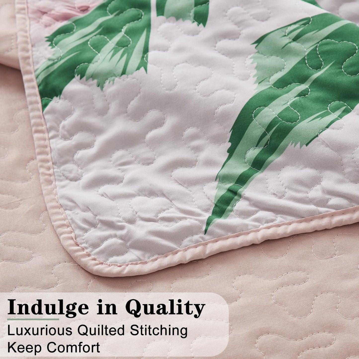 Yogeneg Queen Quilt Bedding Set,Green Botanical Pattern Blush Full/Queen Quilt Set,3 Piece Lightweight Soft Summer Bedspread Coverlet with 2 PIillow Shams,All Season(Pink,90"x96")