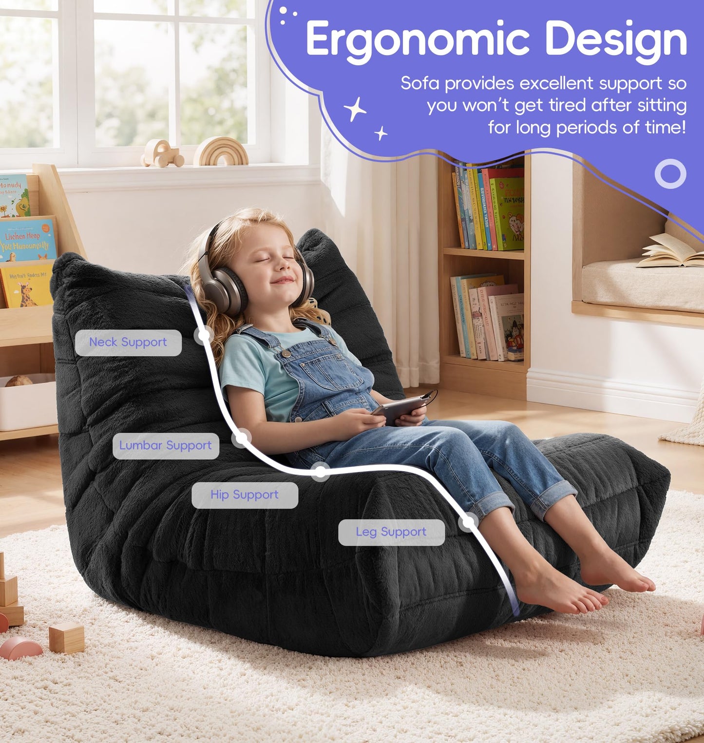 Hobestluk Bean Bag Chair for Kids Toddler Bean Bag Chair with Memory Foam Filler Beanbag with Spacious Design Bean Bag Couch for Reading Gaming Relaxing (Black, Small)
