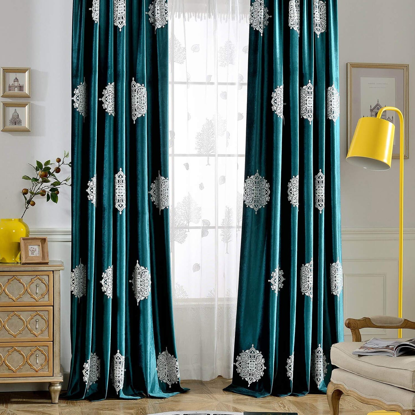 VOGOL 2 Panels Blackout Curtains for Living Room, White Flowers Embroidered Room Darkening Window Drapes for Bedroom, 52x84, Dark Green