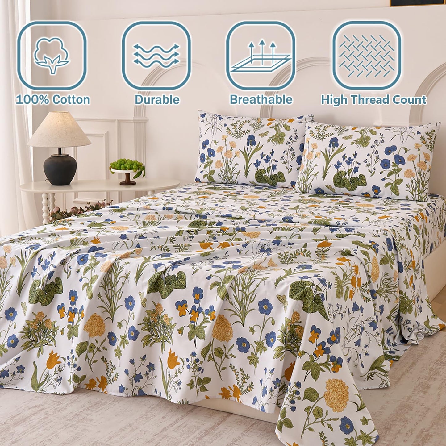 Huborise Green Floral Bed Sheets Set King Size 100% Percale Cotton Yellow & Blue Flower Printed Sheets, Soft & Breathable, Leaf Pattern Botanical Bedding Luxury Deep Pocket Fitted Sheet 17.5" 4 Pcs