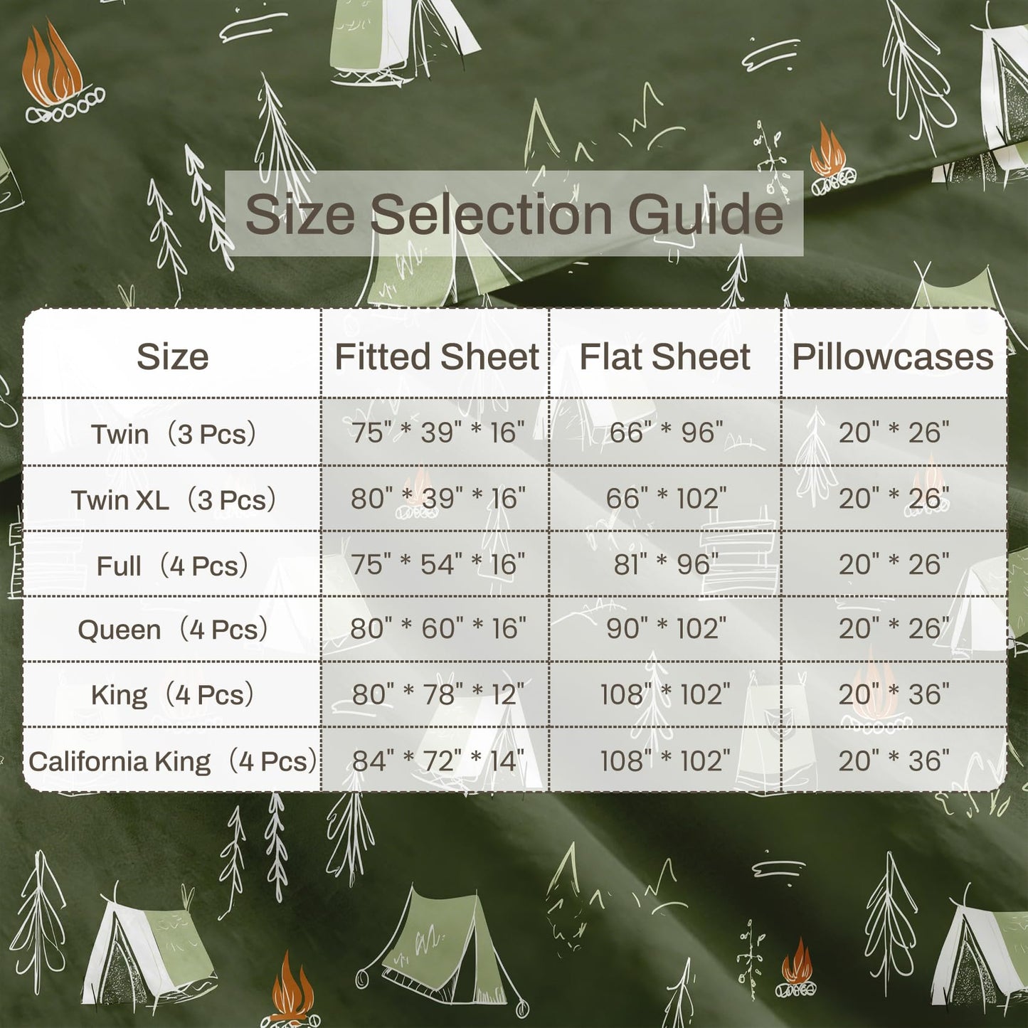 Camping Tent Twin Sheet Set Kids Flat Fitted Sheet Sets, Green