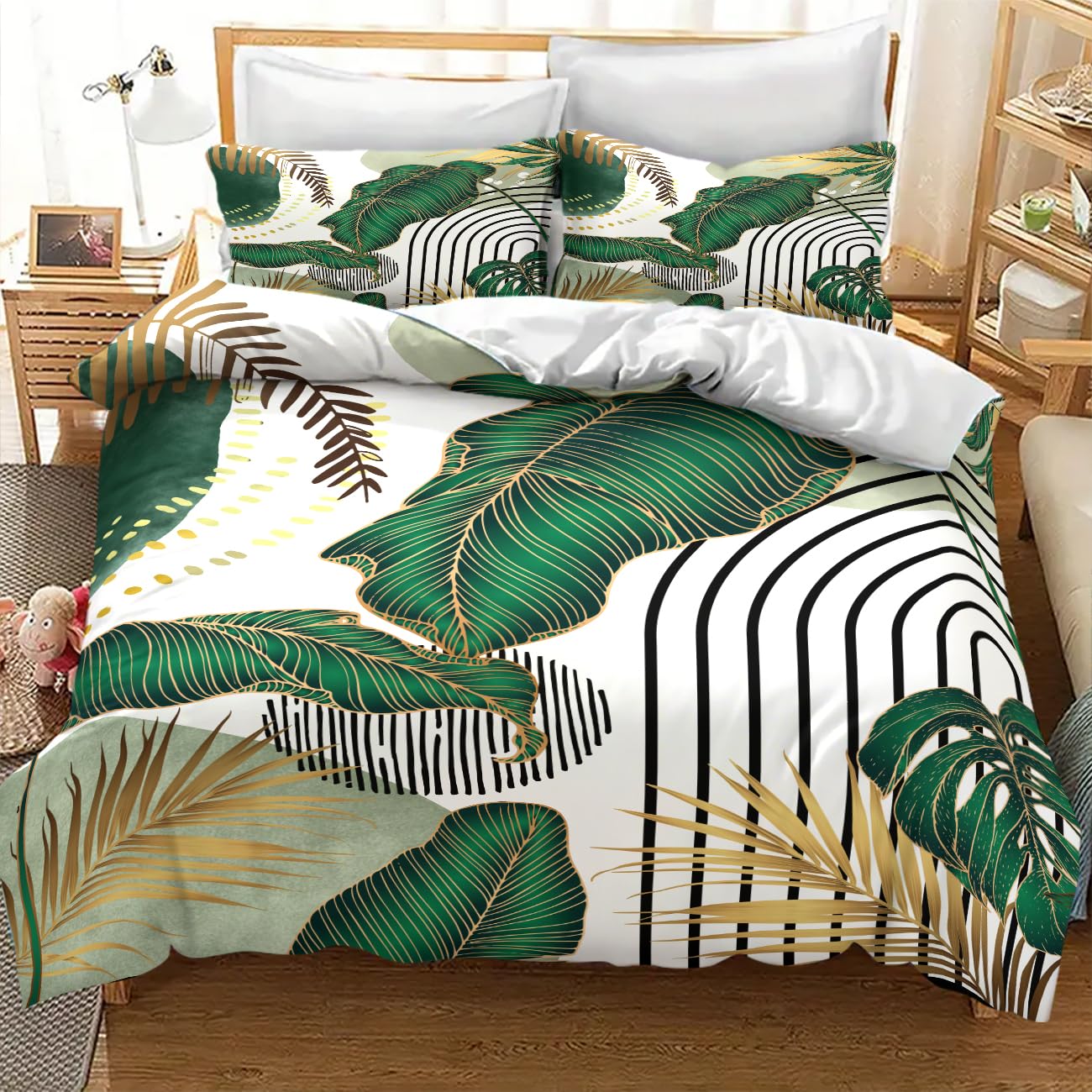 Lnepty Boho Bedding Set,Modern Abstract Tropical Monstera Palm Leaf Plant Minimalist Spring Summer Bohemian Mid Century Comforter Set with Pillowcase for Bedroom Bed Decor，Twin 86"x70"