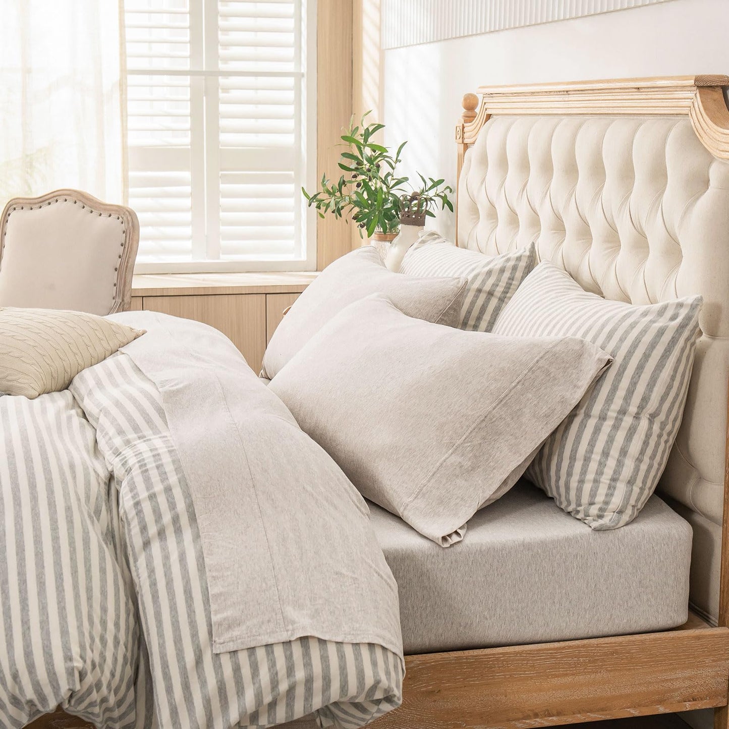 PURE ERA Jersey Knit 4pc Bed Sheet Set 100% T-Shirt Heather Cotton Super Soft Comfy Breathable Fits Mattress Up to 20" Extra Deep Pocket (Heather Beige, Queen)