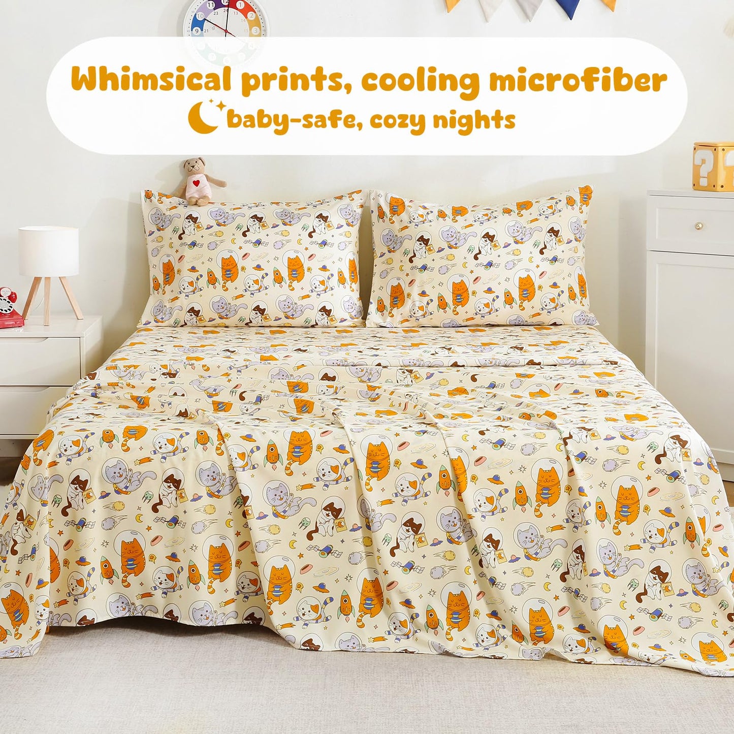 LONAVA Twin Sheet Set Kids - 3 Pieces Soft Microfiber Cartoon Style Bedsheets for Boys Girls Teens, Oeko TEX, Breathable Deep Pocket Sheets, (Space Cat)