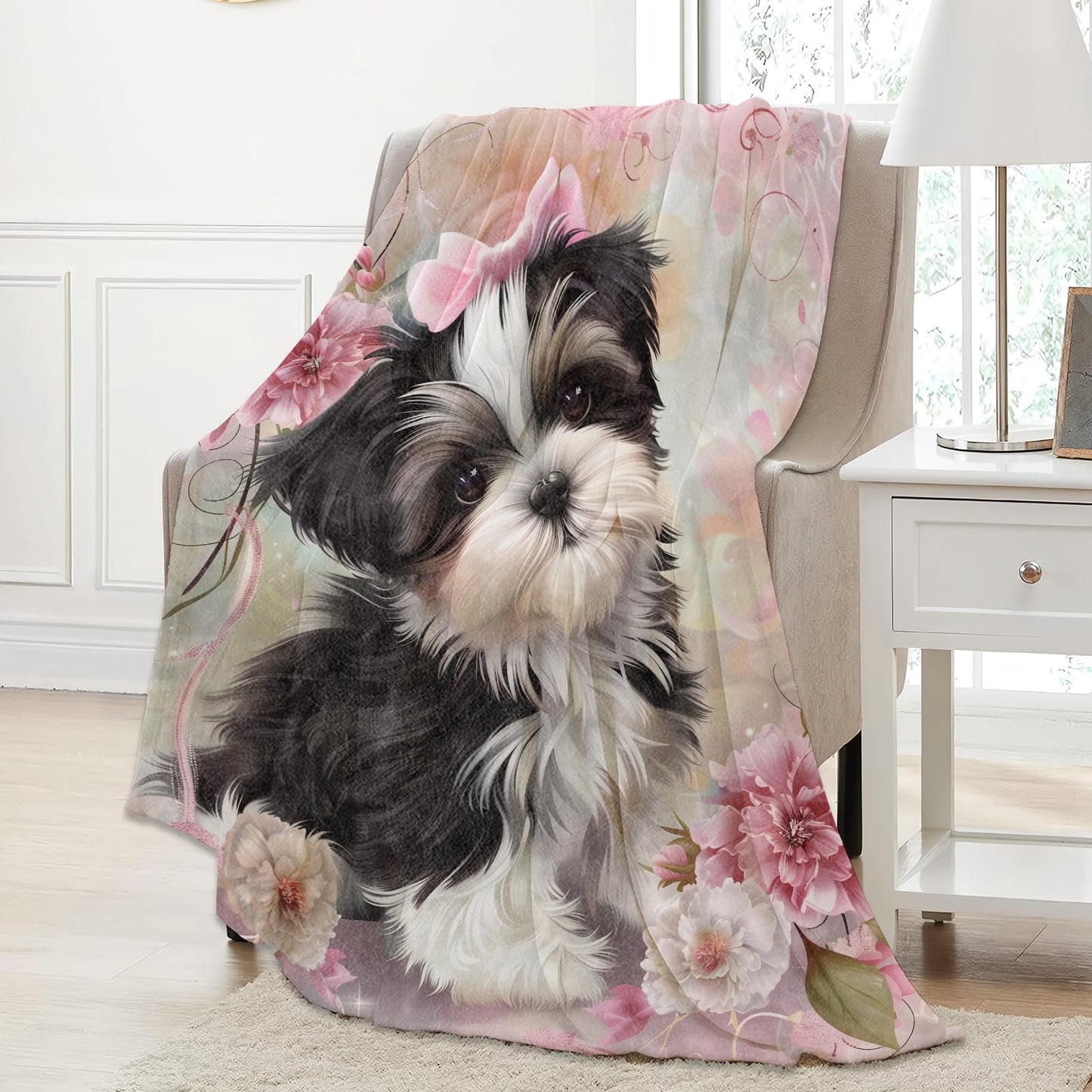 Aonimonis Shih Tzu Puppy Dog Throw Blanket Gifts for Women Adults Girls, Soft Fuzzy Warm Cozy Flannel Blankets for Bedroom, Travel, Couch, Home Decor 50x60 in