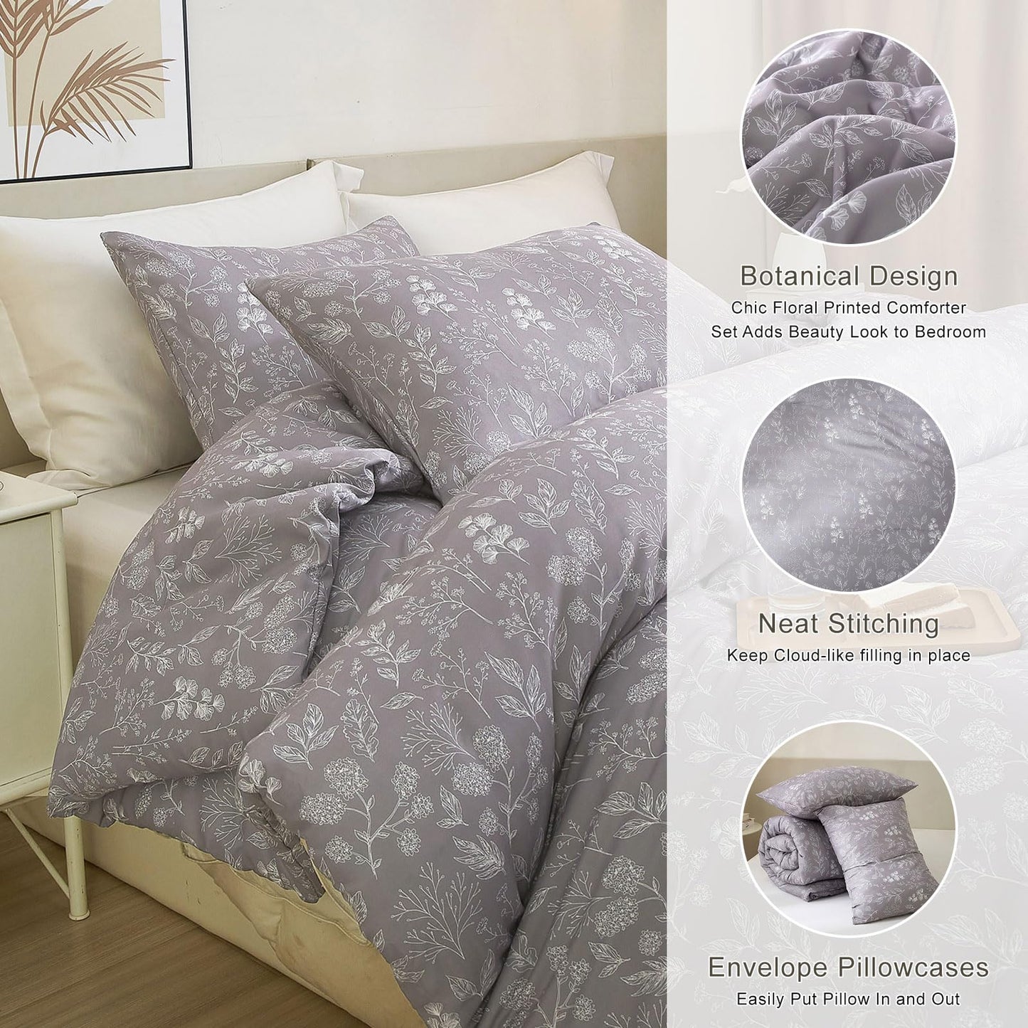 EAVD Botanical Floral Comforter Set Queen Grayish Purple Soft Microfiber Chic Cute Garden Floral Bedding Comforter Set 1 Queen Comforter and 2 Pillowcases Fresh Botanical Comforter for All-Season