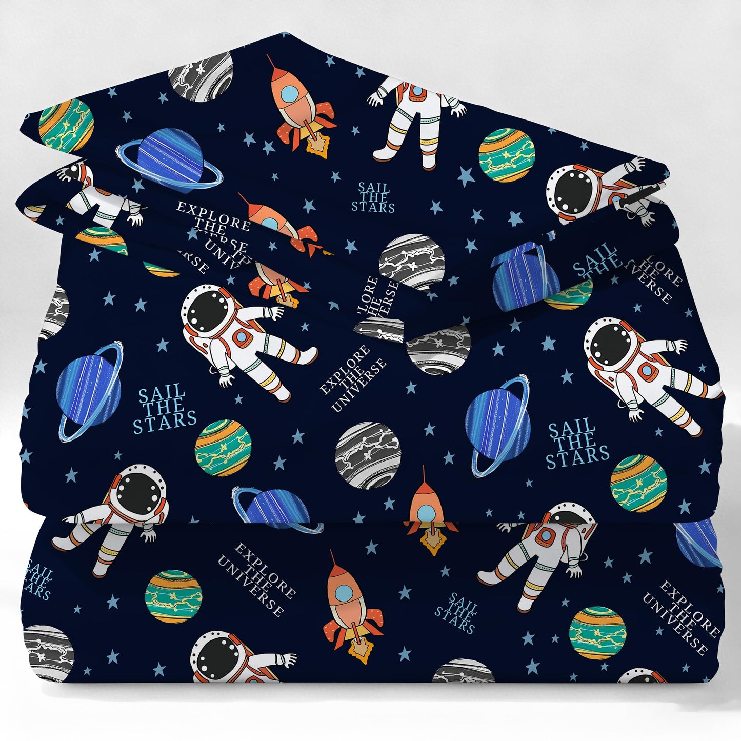 VTKON Navy Blue Space Sheets Set Twin for Boys Bedroom Kids Cartoon Space Rocket Planets Bedding Set with 1 Fitted Sheet, 1 Flat Sheet and 2 Pillowcases