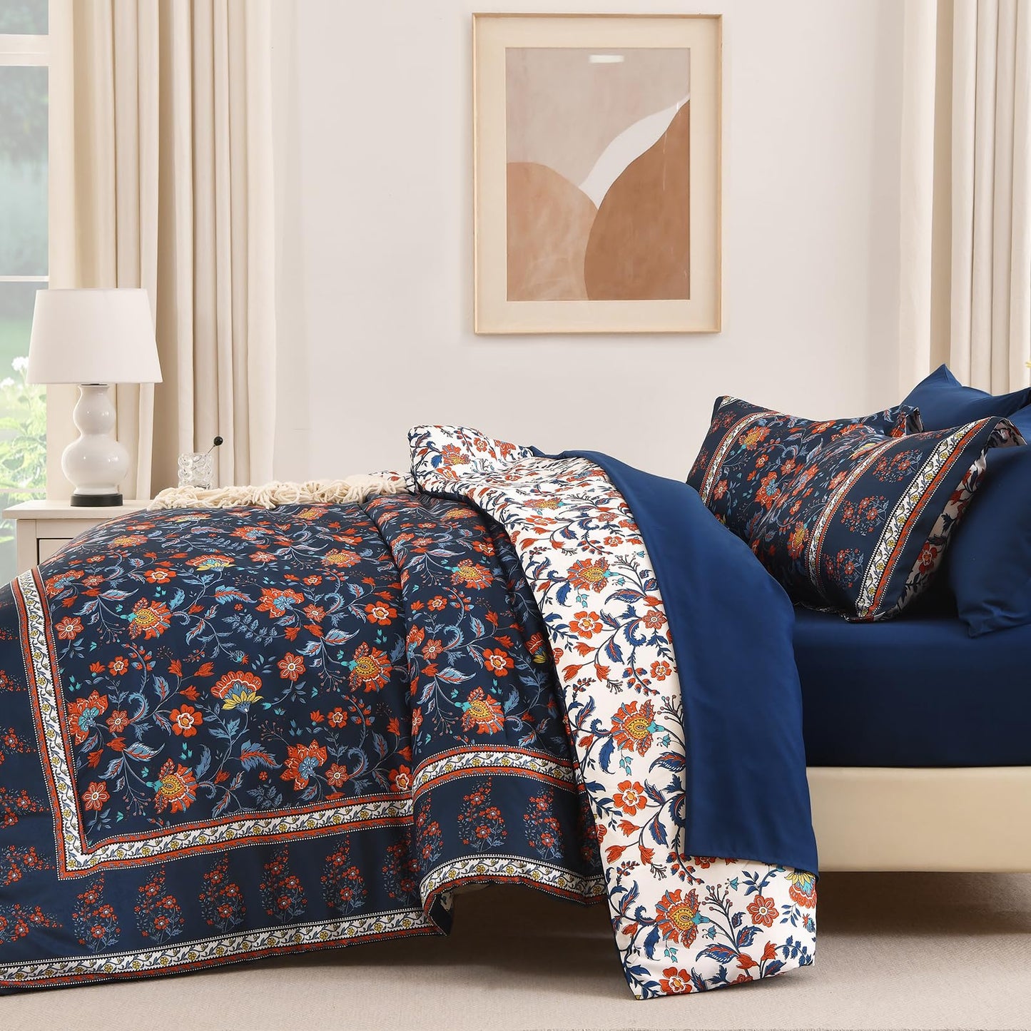 Dinjoy Boho Comforter Set Queen,Navy Bedding Paisley Floral 7 Piece Bed in a Bag Reversible Lightweight Bohemain Comforters with Sheet Sets for All Season