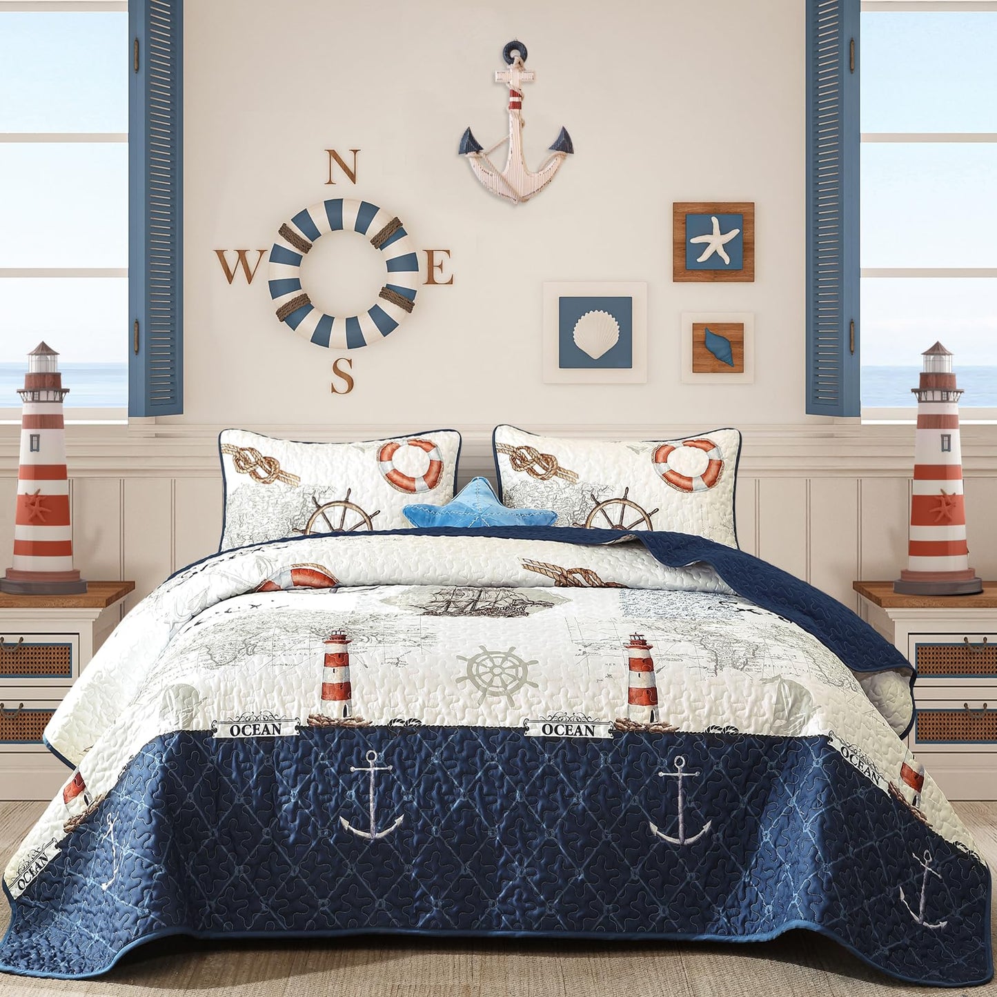 Djoymock Ocean King Size Quilt Set 3 Piece,Nautical Coastal Quilt Bedding Set with 2 Shams Soft Lightweight Beach Bedspread Coverlet Summer Reversible Microfiber Comforter Set for All Season, 104"x90"