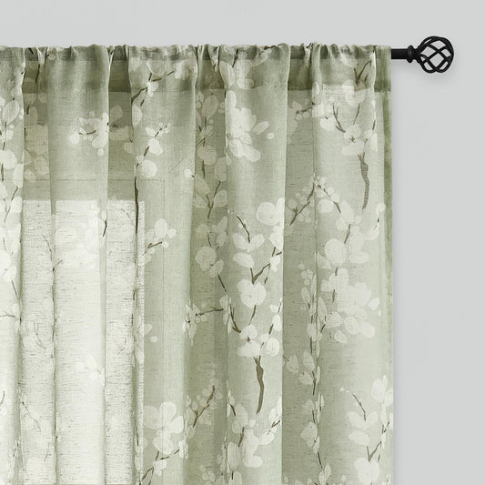 FMFUNCTEX Linen Sheer Curtains for Bedroom, Sage Green Blossom Print Curtains 84 Inches Long for Living Room,Floral Patterned Farmhouse Curtain Light Filtering Window Drapes 2 Panels, Rod Pocket