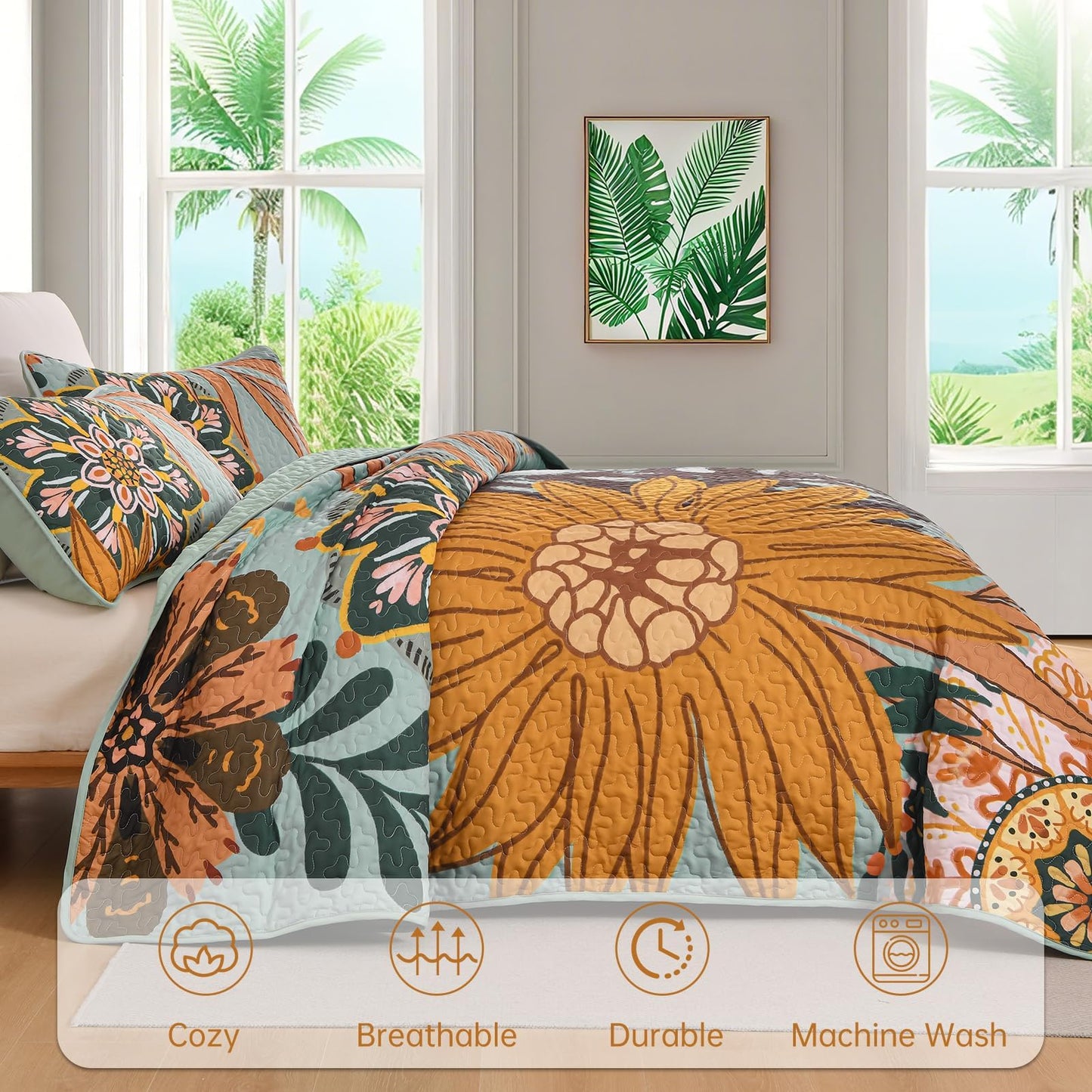 DJY Boho Floral Quilt Set Queen Size Sage Green Bedspread Coverlet Botanical Farmhouse 3 Piece Quilt Bedding Set, Reversible Microfiber Bed Cover for All Season, 90''x96''