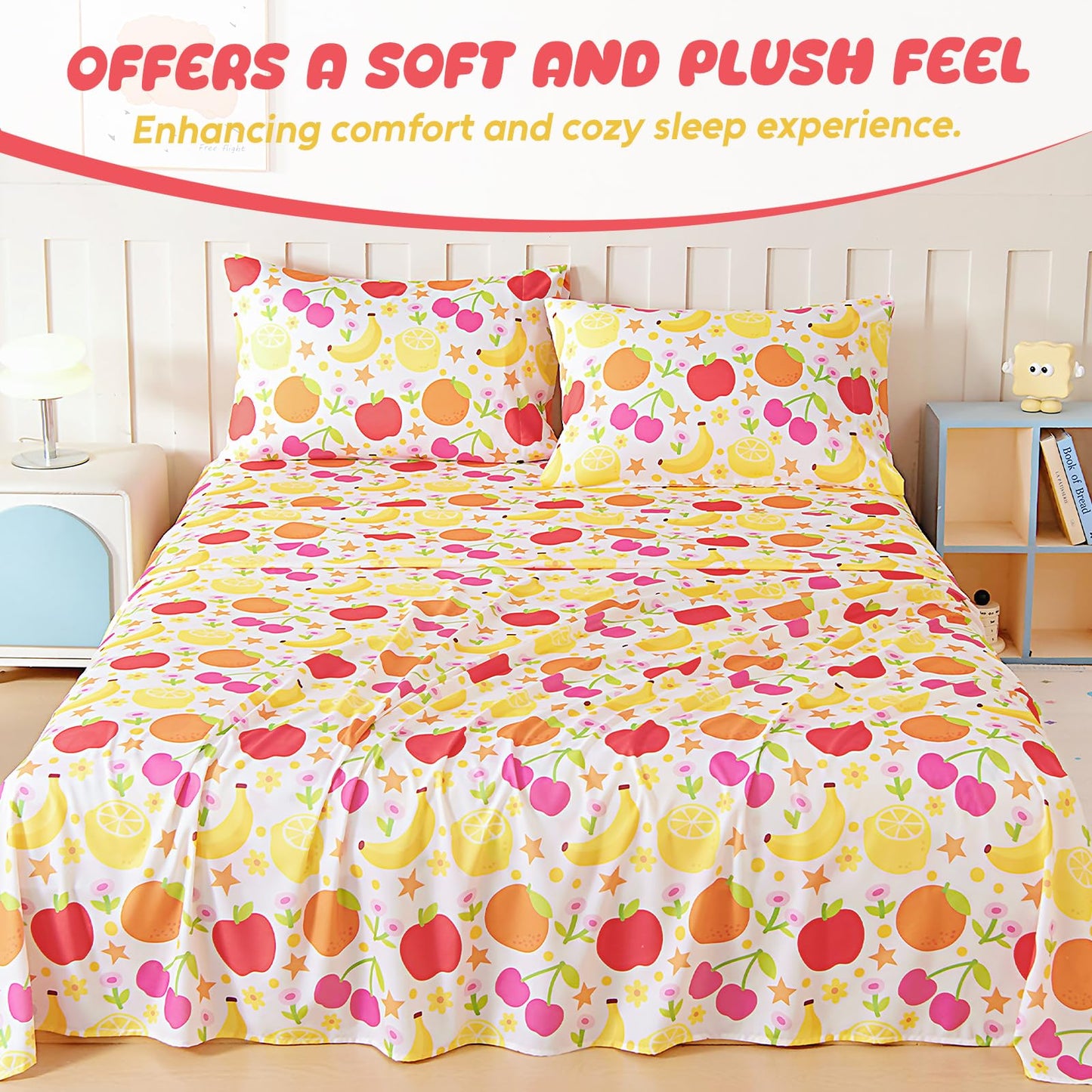 Homilay Full Sheet Set Kids - Banana Orange Lemon Cherry 4 Pieces Soft Microfiber Cartoon Style Bedsheets for Boys Girls Teens, Oeko TEX Breathable 15 Inch Deep Pocket Sheets(Fruit)
