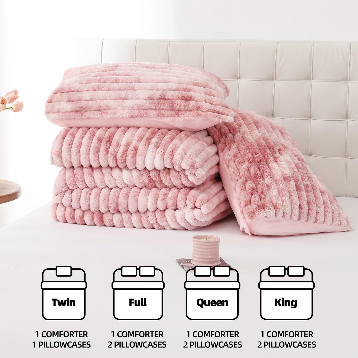 Smoofy Fluffy King Size Comforter Set 3 Pieces - Tie-dye Pink Fleece Fluffy Comforter Set, Luxury Fuzzy King Bedding Set, Soft King Bed Set All Season, Heavy Faux Fur Comforter with 2 Pillow Cases