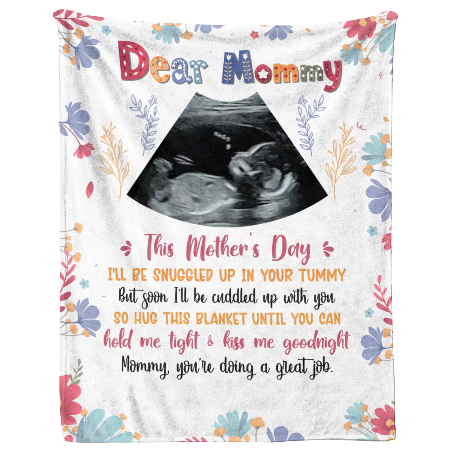 KiKiLuna Personalized Ultrasound Photo Dear Mommy Blanket, First for Expecting Mom, Flannel Throw Gift for Pregnant Women, Pregnancy Announcement Baby Bump Tummy Snuggle Quote
