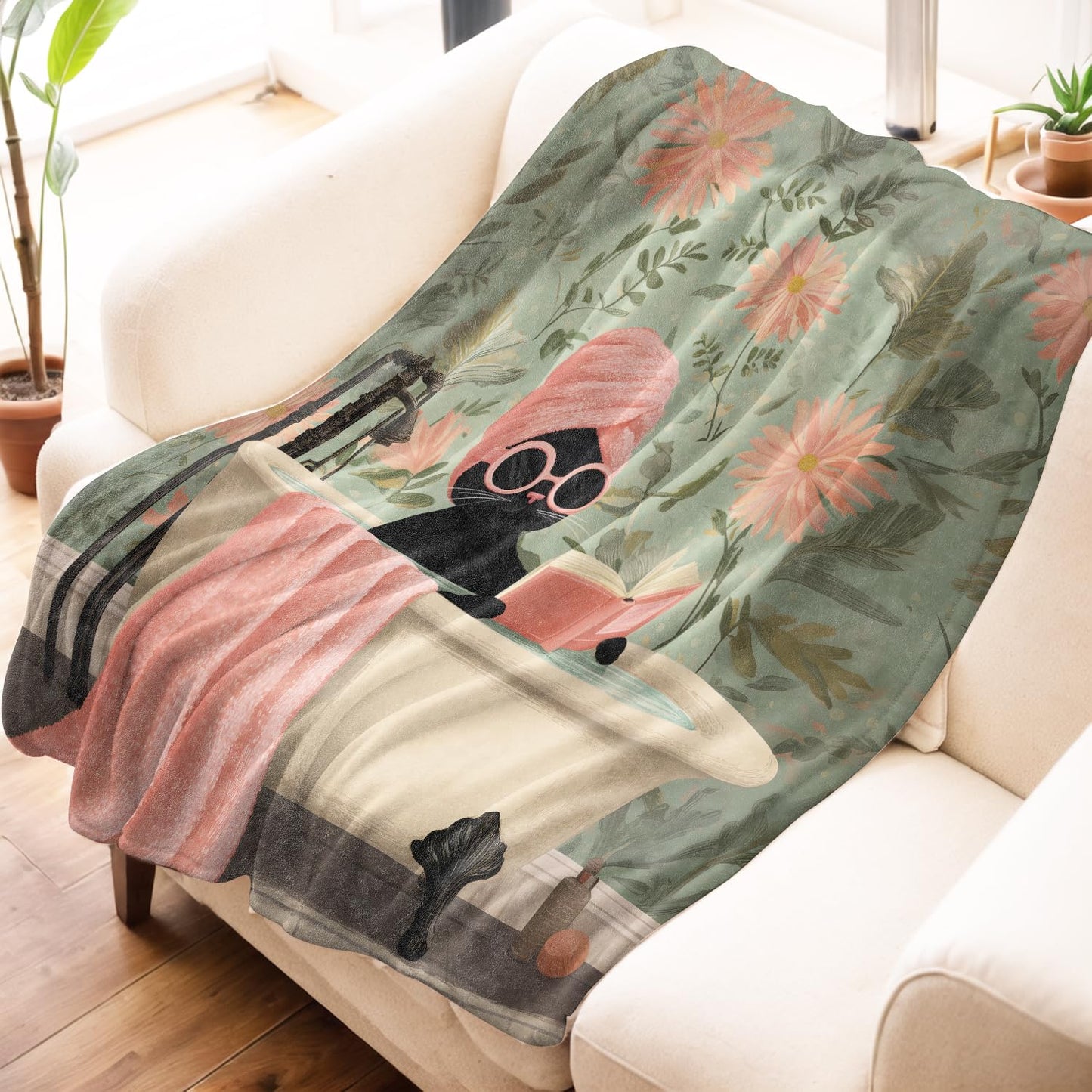 Mniedc Black Cat Bathtub Blanket, Elegant Floral Flannel Throw Blankets, 50"x60", Soft Warm Lightweight Fuzzy Cozy Throws for Couch Bed Sofa Reading Decorative Gifts for Pet Lover Women Girls