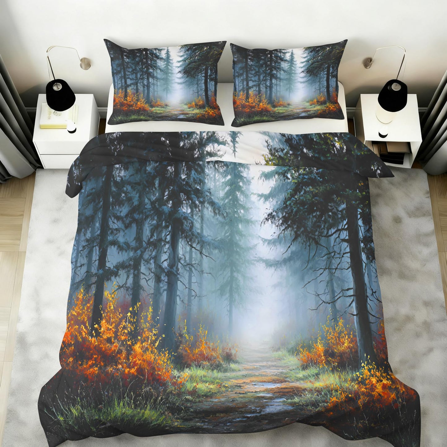 Misty Forest Duvet Cover 80" x 90", Forest Path Bedding Set, Natural Woodland Tree Comforter Cover with Zipper Ties