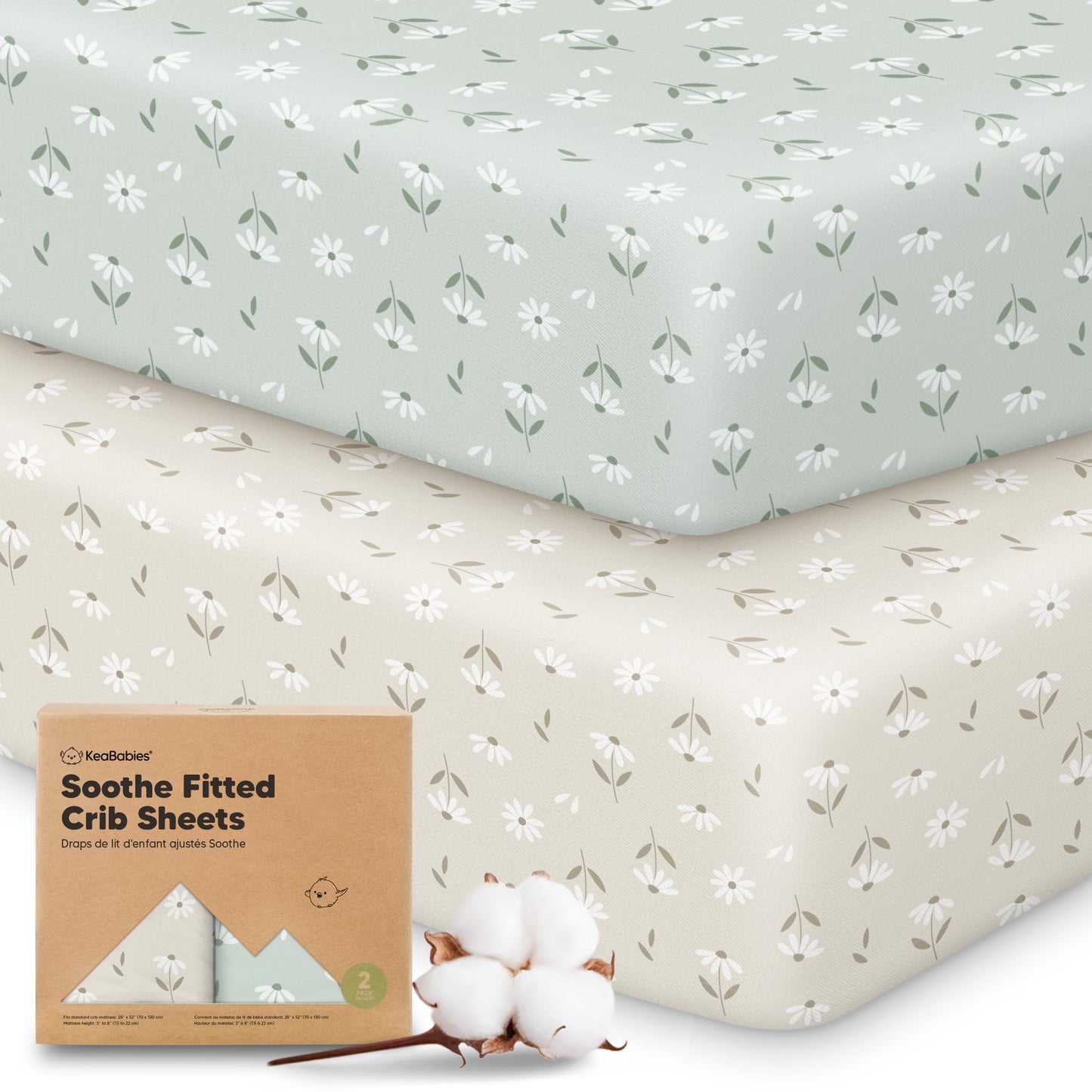 KeaBabies 2-Pack Organic Cotton Crib Sheets for Boys, Girls - 52x28 Fitted Crib Mattress Sheet Neutral, Breathable Cover for Baby Bed Set, Toddler Mattress, Soft & Cute Prints (Daisies)