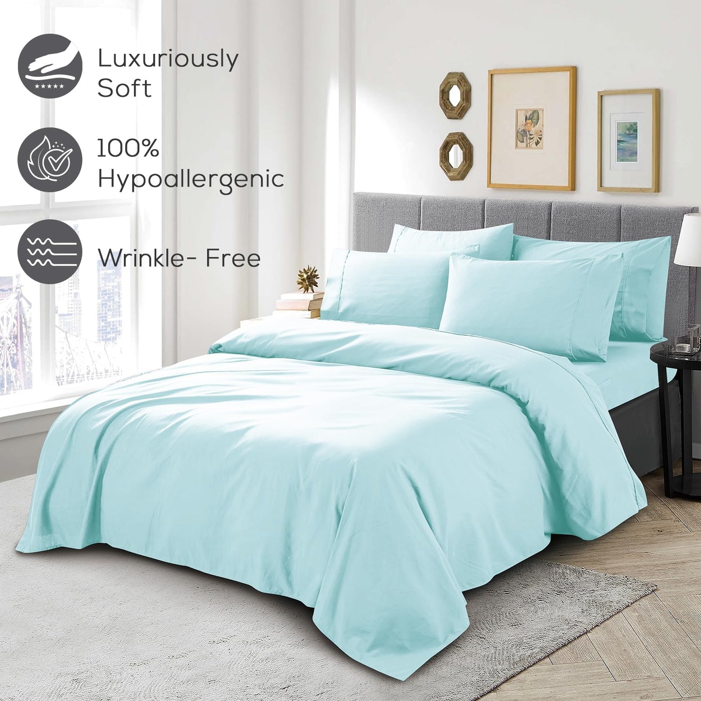 Mueller UltraTemp 6 PC Queen Sheet Set - Ultra-Soft Luxury Series, Cooling & Breathable Hotel Luxury Bed Sheets, Deep Pocket Wrinkle-Free Oeko-TEX, Aqua