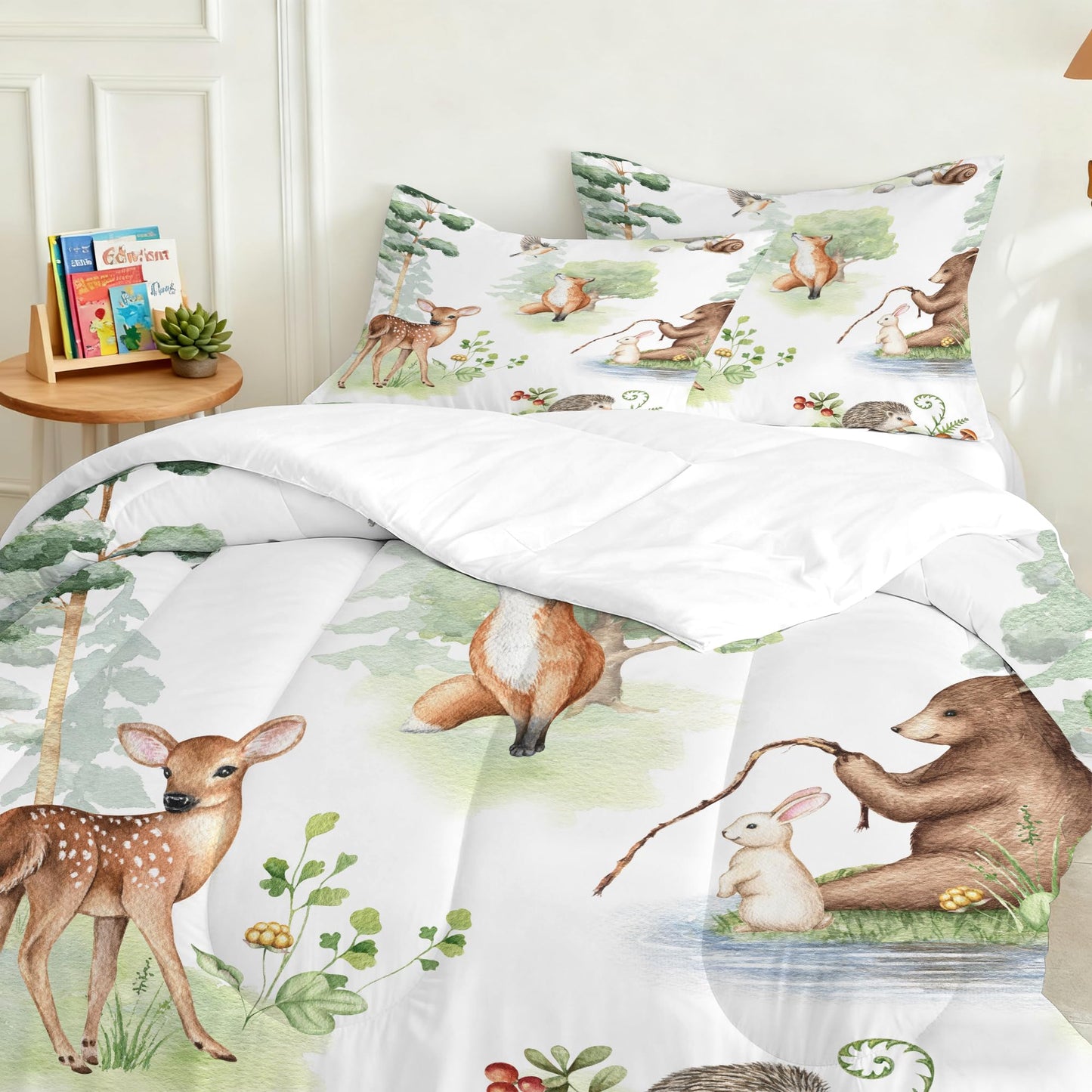 VTKON Wildlife Animals Comforter Set Twin for Kids Woodland Fox Deer and Bear Print Bedding Set Soft Cartoon Animal Print Bed Set White Green Forest Quilt Set with 1 Comforter + 1 Pillowcase