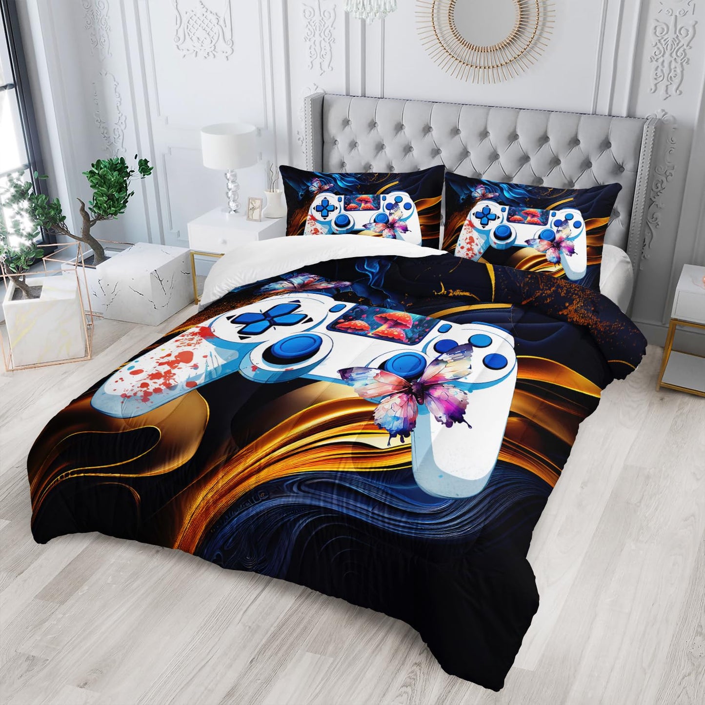 Nttopshi Gamer Comforter Set Queen Gaming Comforter Set 3pcs Bedding Set for Boys Girls Kids Mushroom Floral Down Alternative Soft Lightweight Comforter with 2 Pillowcases All Season