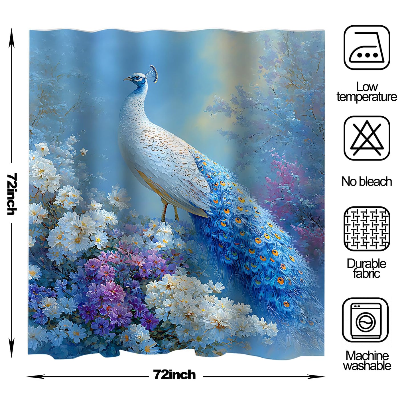 THISFIND Shower Curtain, Elegant Peacock with White Flowers and Misty Background Machine Washable Waterproof Fabric for Bathroom Decor Bathtub with 12 Hooks 72x72