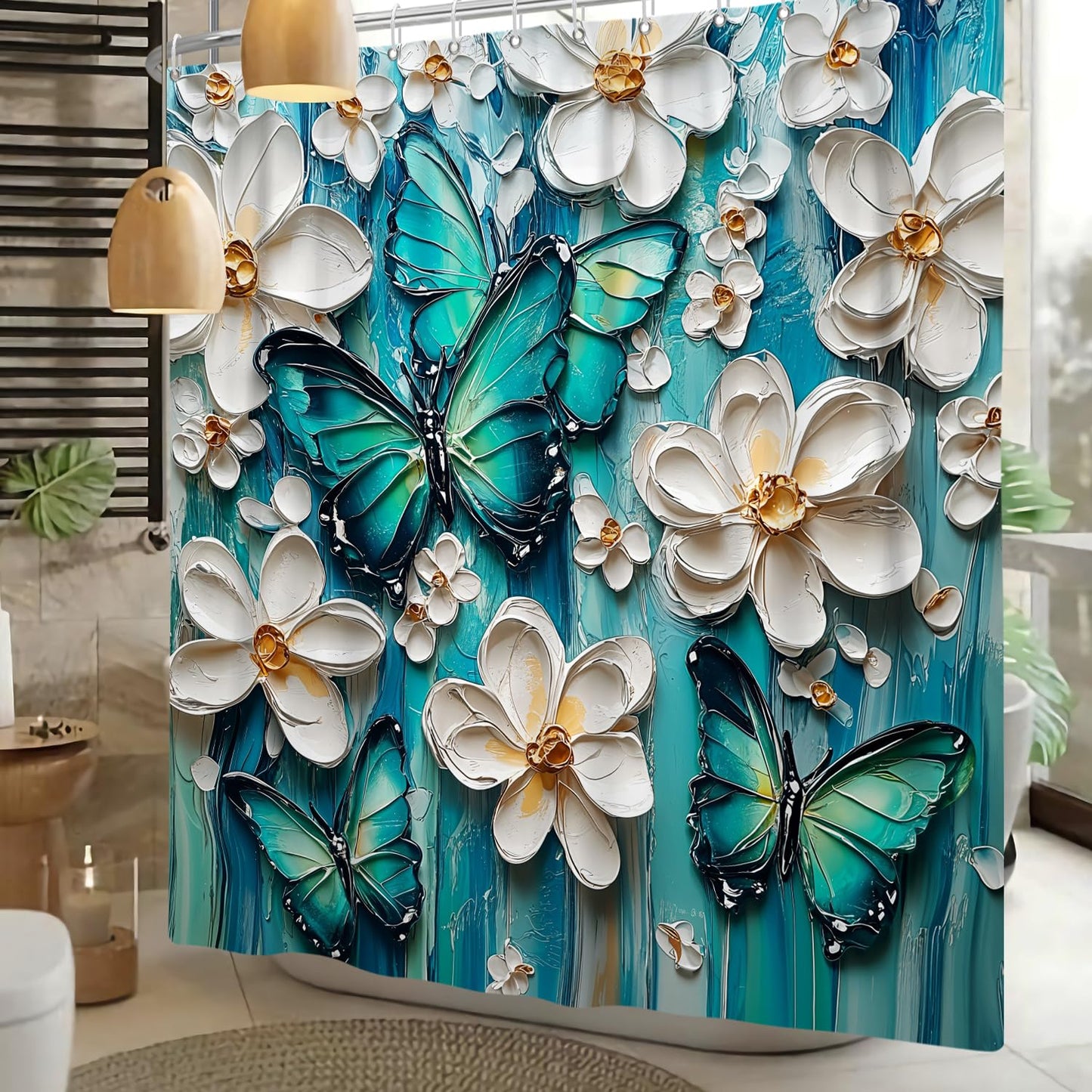 Pnylzzyxh Butterfly Shower Curtain Green Blue Oil Painting White Boho Flowers Bathroom Curtains Rustic Farmhouse Floral Washable Shower Curtain Sets 72x72 in with 12 Hooks