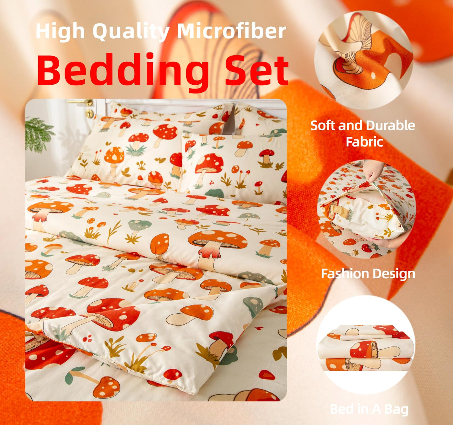 SDY 7PCS Mushroom Bedding Twin，Mushroom Comforter Twin and Bed Sheets for Boys Girls and Kids witj 1Comforter 1Fitted Sheet 1Flat Sheet 2Pillow Cover 2Pillow Sham