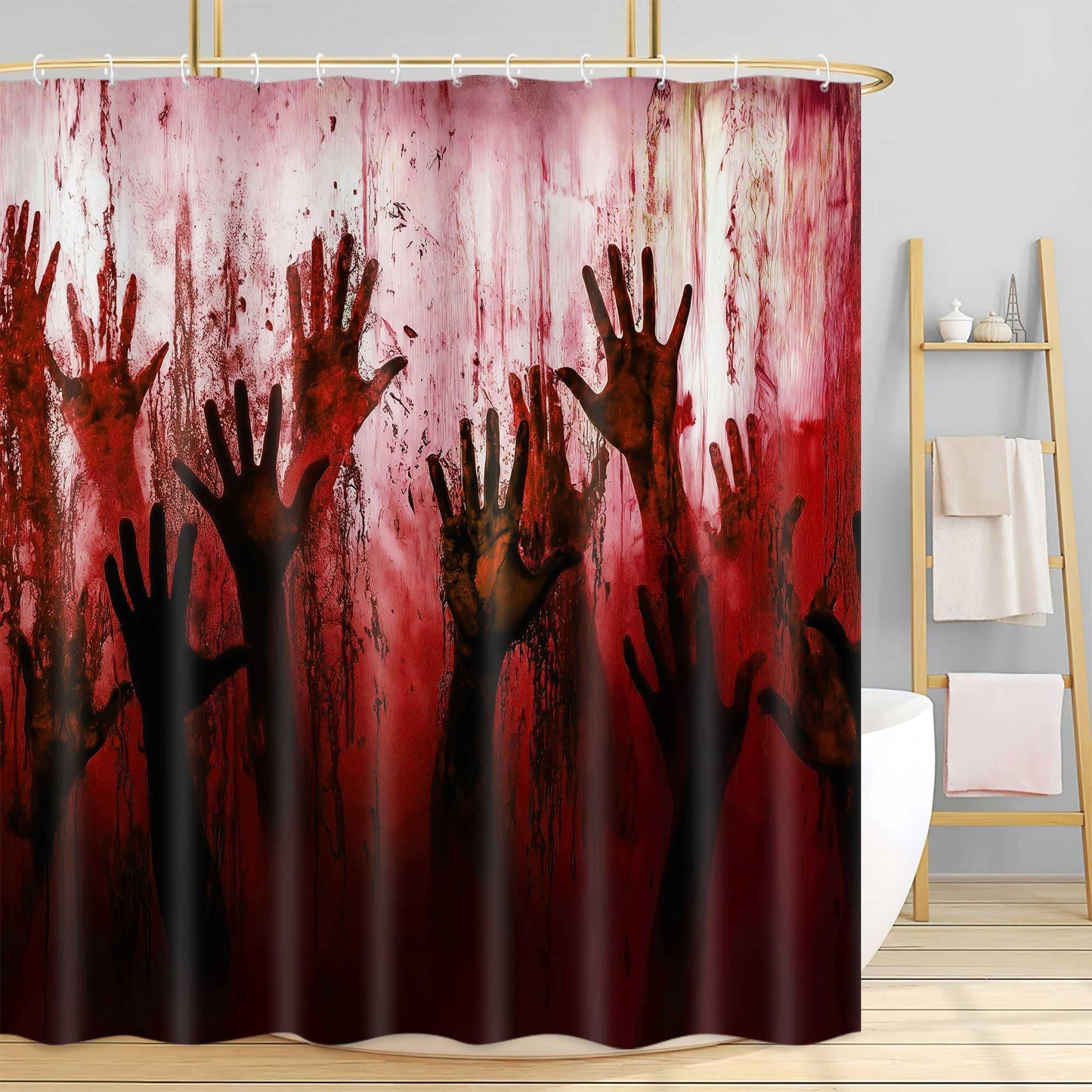 JAWO Spooky Bloody Hand Shower Curtain, Creepy Horror Zombie Handprint Bathtub Curtain, Halloween Themed Bathroom Decor,12pcs Hooks,69X70 in