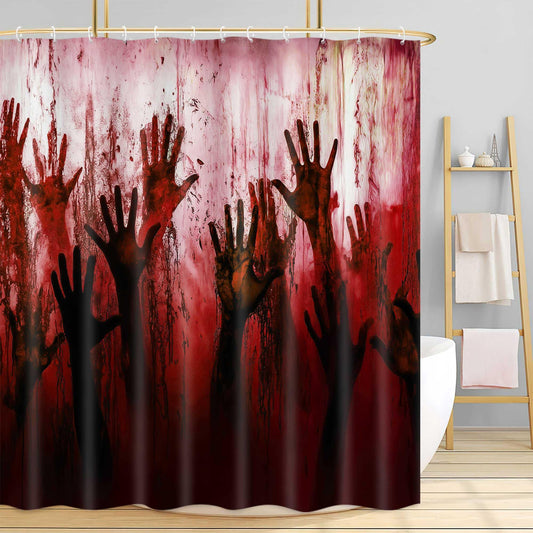 JAWO Spooky Bloody Hand Shower Curtain, Creepy Horror Zombie Handprint Bathtub Curtain, Halloween Themed Bathroom Decor,12pcs Hooks,69X70 in