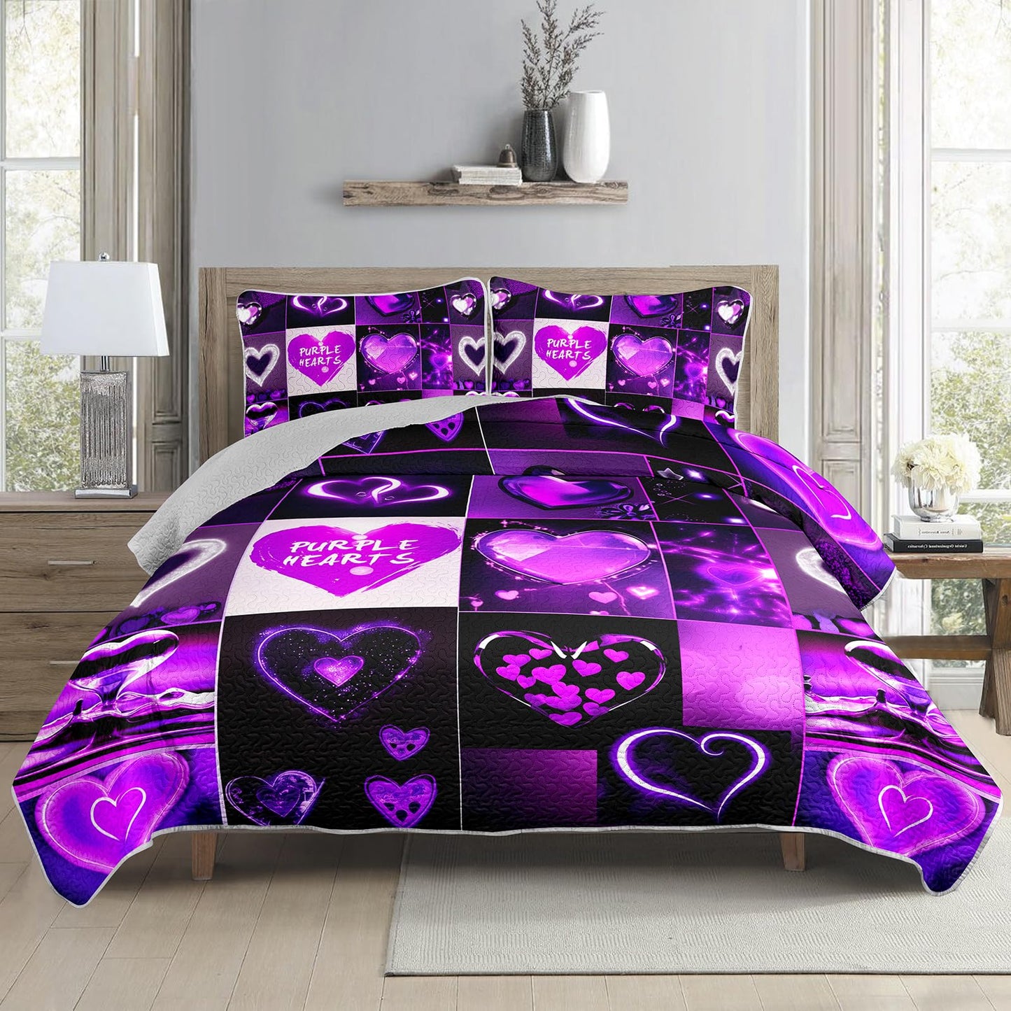 QOOMO Hearts Print Kids Quilt Set,Purple Bedding Set for Boys Girls Room Decoration,Bed Set Microfiber Lightweight All Season Twin Size,1 Quilt Set 2 Pillowcases