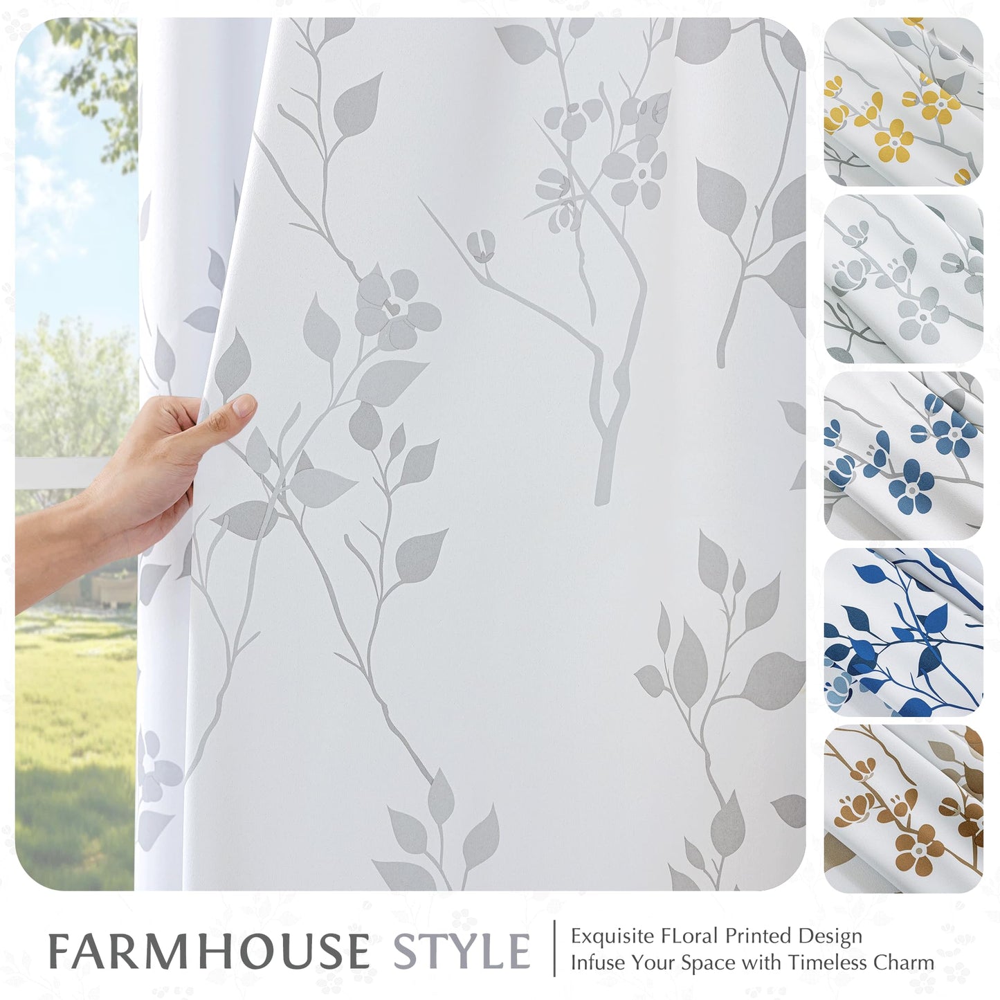 Beauoop Floral 100% Blackout Curtains 84 Inches Long 2 Panels for Bedroom Living Room Grey White Flower Patterned Room Darkening Thermal Insulated Soundproof Grommet Window Treatments Drapes, 52X84