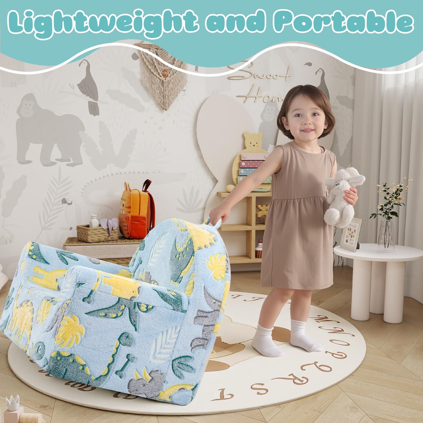 MeMoreCool Comfy Kids Chair for Ages 3+, Glow Dinosaur Kids Reading Chair, Soft Plush Kids Armchair, Cozy Foam Kids Armchair for Kids Room, Living Room, Playroom, Reading Nook