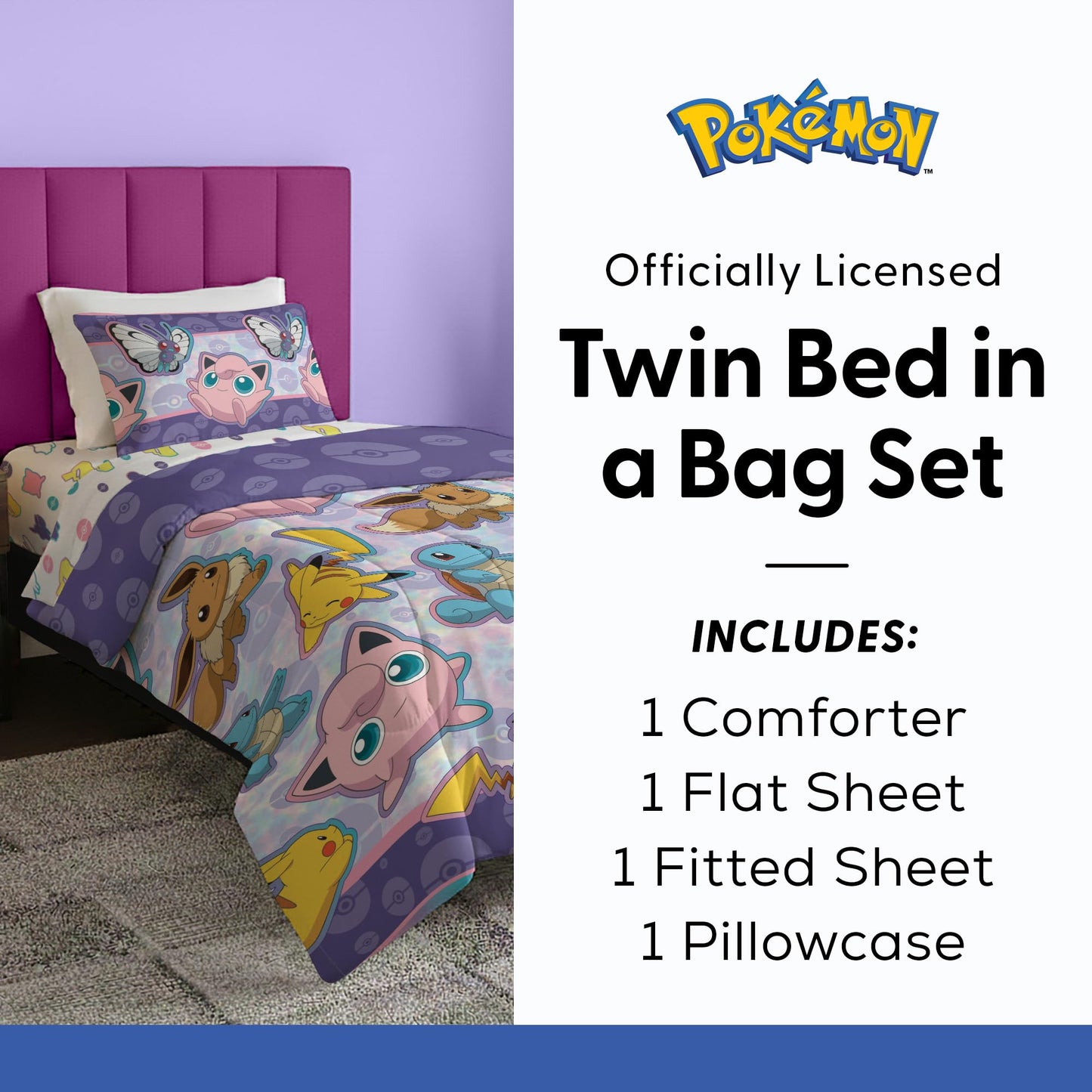 Northwest Pokemon Friendly Battle Twin Size Bed in a Bag Set, Pikachu Eevee Jigglypuff Squirtle, Kids Boys Girls Bedding Comforter Sheets