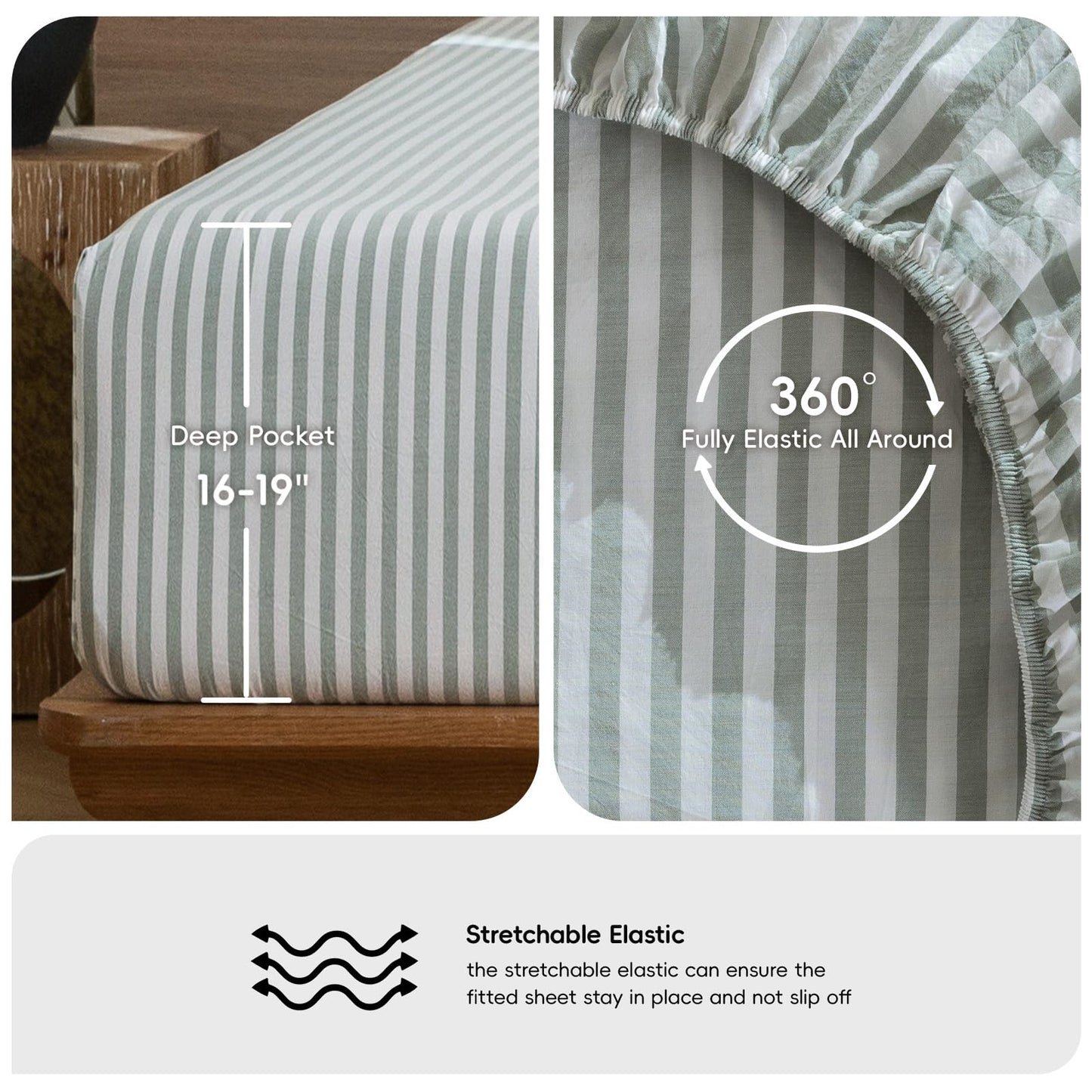 MooMee Striped Fitted Bottom Sheet Only 100% Washed Cotton Linen Like Textured Breathable Durable Soft Comfy Deep Pocket Fits Mattress up to 17" (Sage Green White Classic Stripes, Queen)