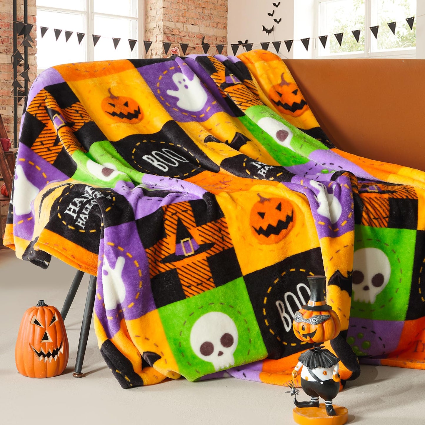 ROMROL Halloween Fleece Throw Blanket, Bat, Ghost Fall Plaid Blanket, Soft Fuzzy Plush for Couch Sofa or Bed, Luxury Flannel Lap Blanket, for Kids, Adults, Wife, Self (50" x 60")