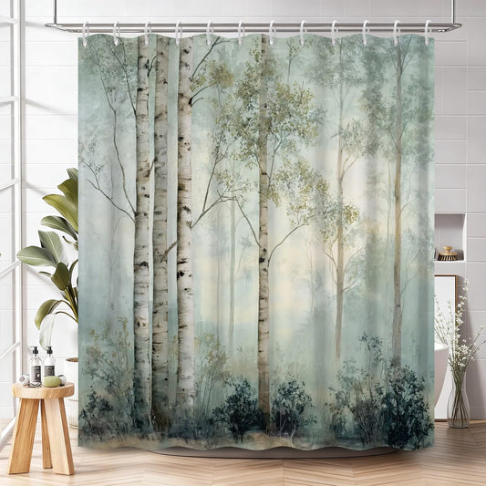 NAEMBCU Rustic Watercolor Birch Tree Shower Curtain with Hooks - 72x72 Inch Waterproof Fabric Misty Forest Print Bathroom Curtain, Decorative Woodland Bath Curtain for Farmhouse Cabin Interiors