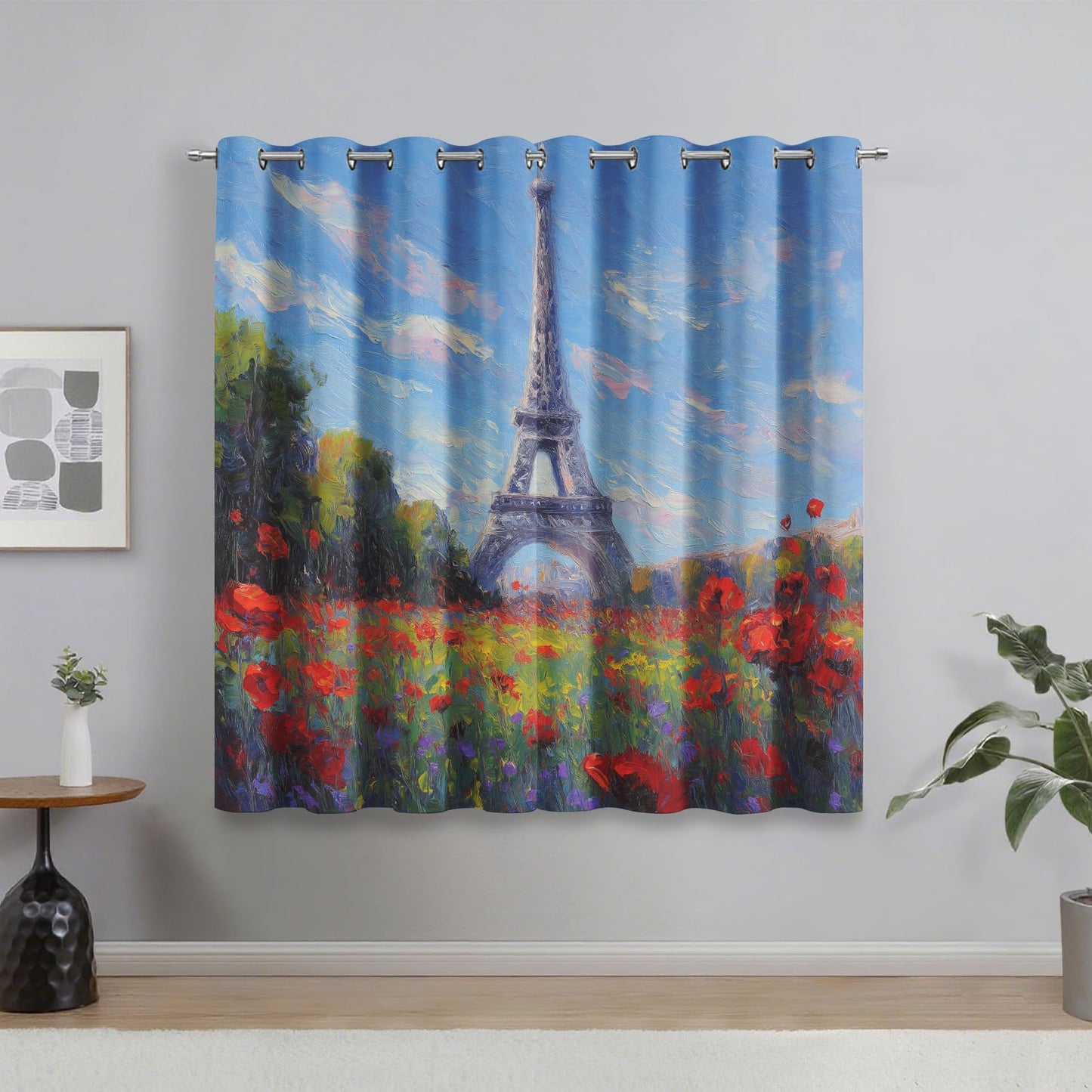 95% Blackout Eiffel Tower Curtains - Paris Wildflower Curtains for Bedroom Living Room Decor, Oil Painting Home Decor, Thermal Grommet Black Out Drapes 108 Inches Long 2 Panel Set X64