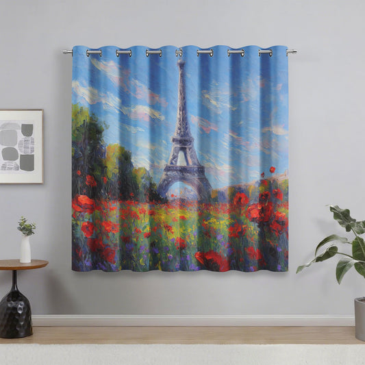 95% Blackout Eiffel Tower Curtains - Paris Wildflower Curtains for Bedroom Living Room Decor, Oil Painting Home Decor, Thermal Grommet Black Out Drapes 108 Inches Long 2 Panel Set X64