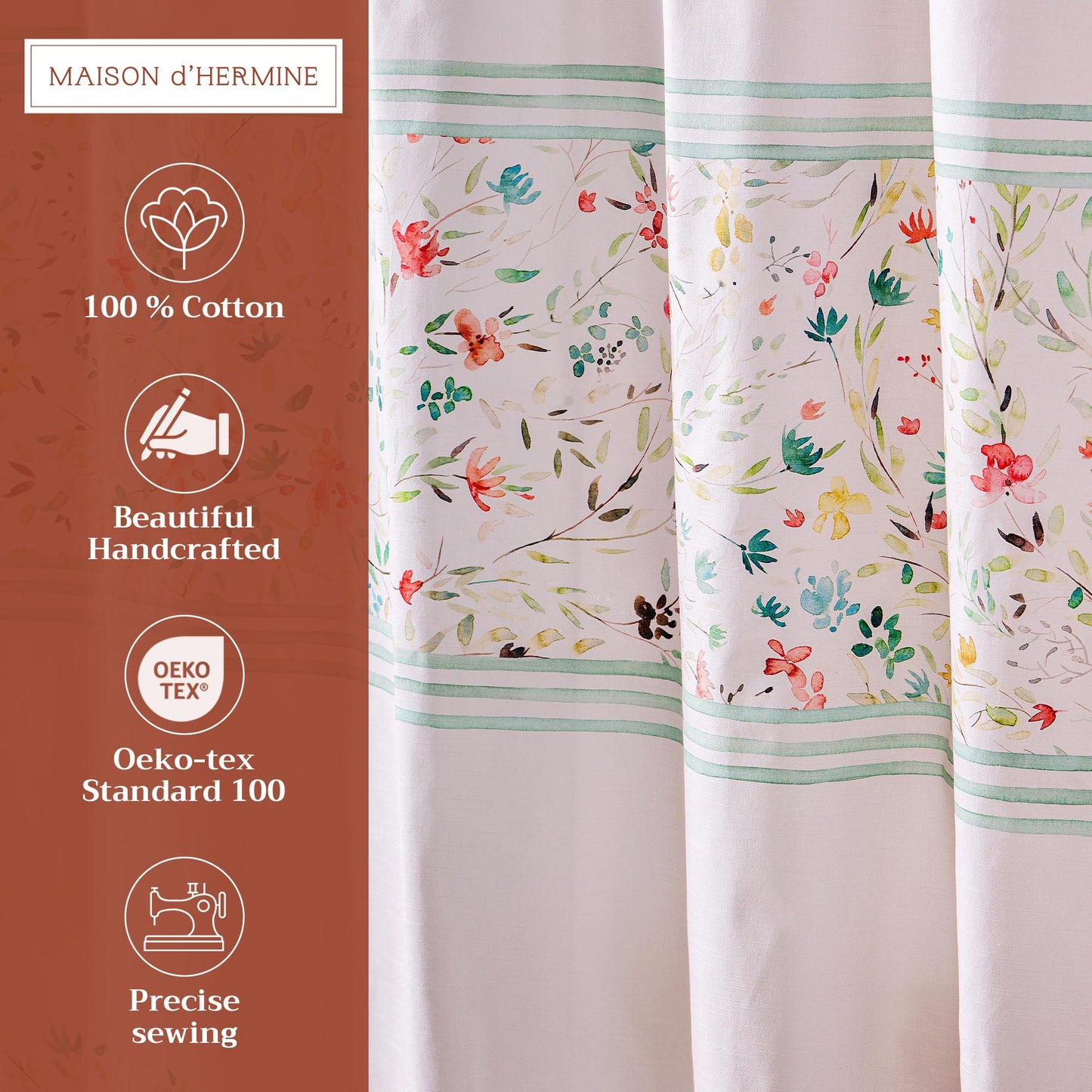 Maison d' Hermine Shower Curtain 100% Cotton One Panel 70"x72" Washable Fabric Shower Curtains for Bathroom, Easy Hanging with 12 Button Holes - Home Hotel Resort Spa Spring Summer - Colmar