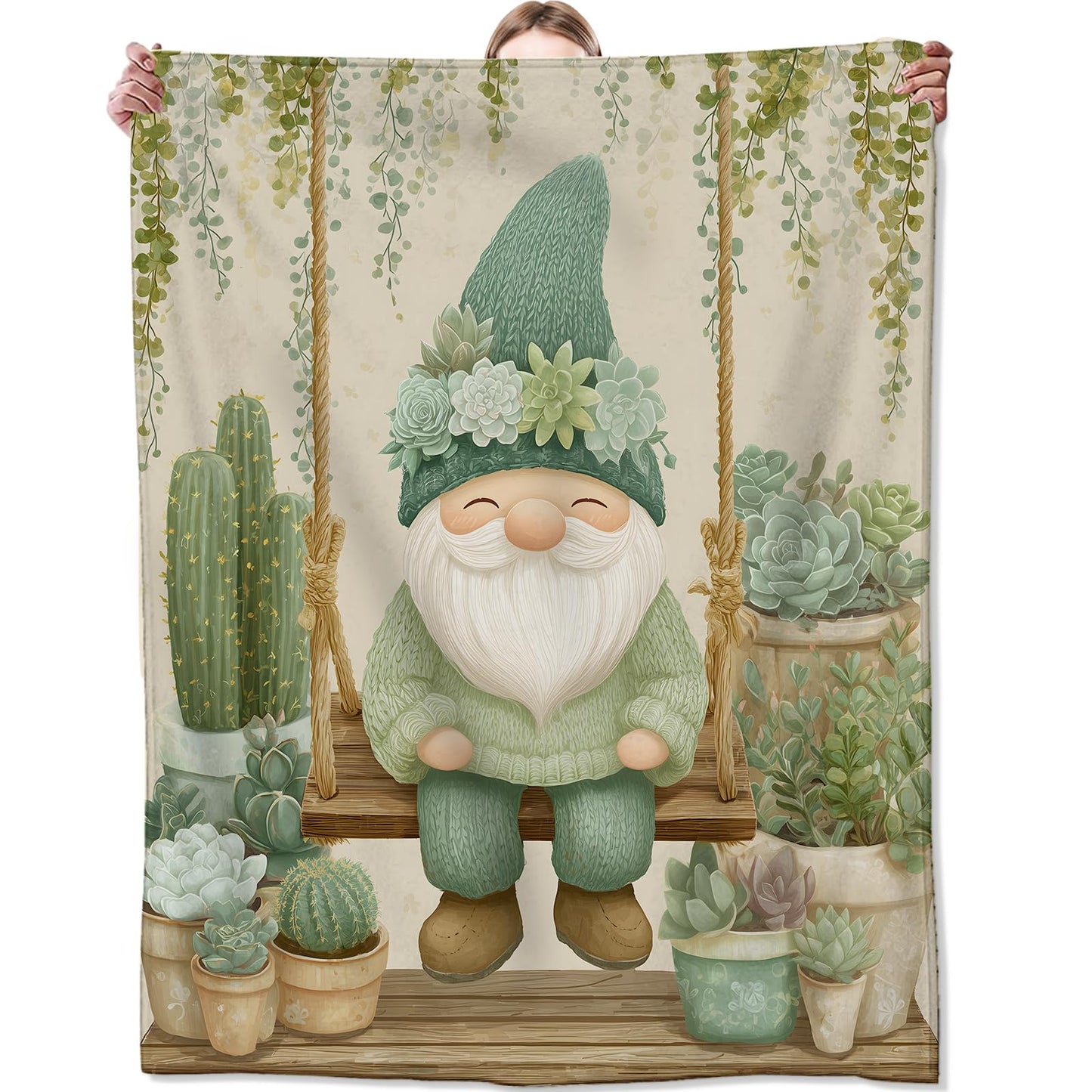 Zeleda Cute Gnome Flannel Blanket, Soft Cozy Throw with Succulent Botanical, Lightweight Blankets for All Seasons, Nature Whimsical Home Sofa Bed Decor and Gifts for Kids Girls Boys, 50x60 Inch