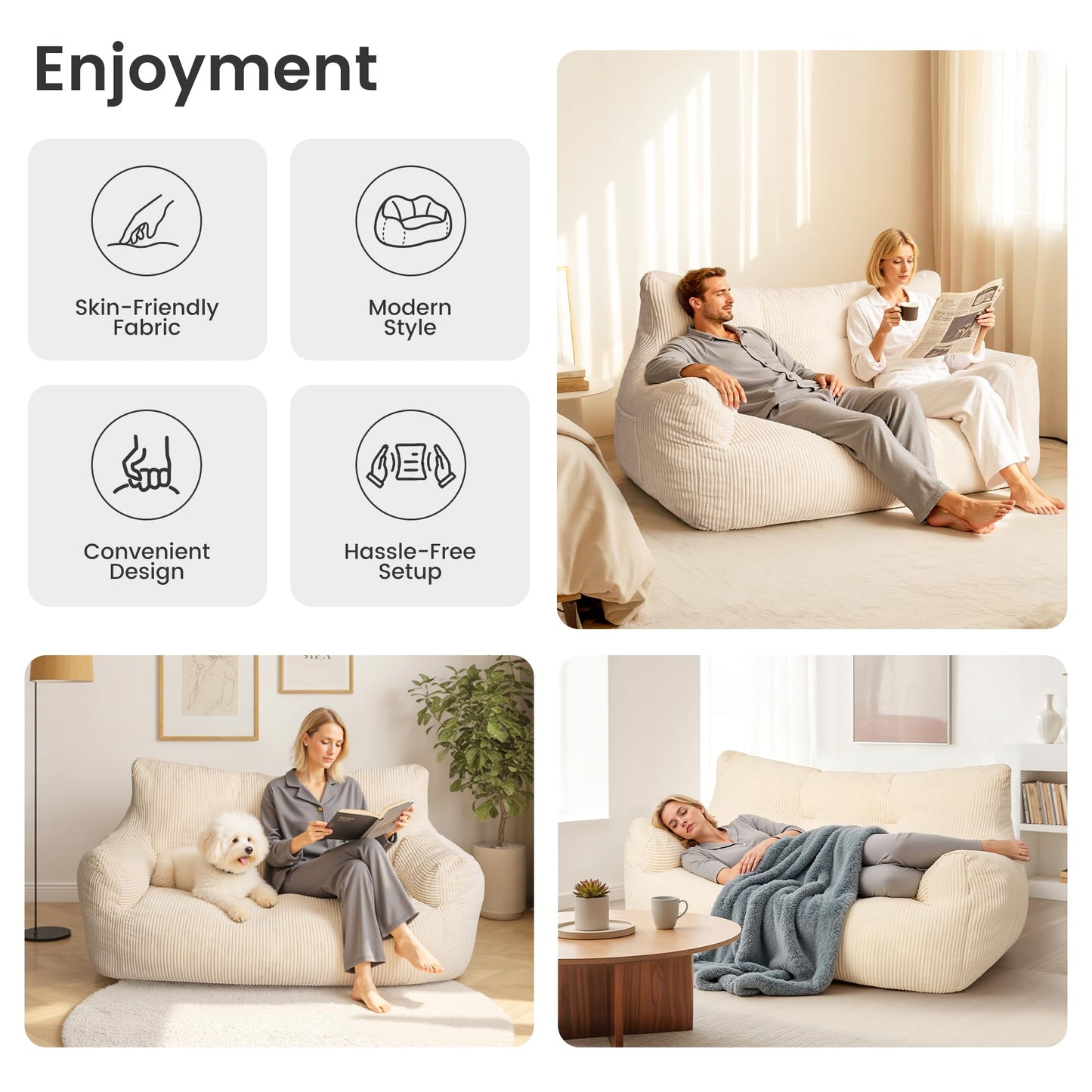 Fkhouse 59" Bean Bag Chair,2 Seat Loveseat Sofa,Corduroy Lazy Sofa Bed for Adults,Fit Living Room, Bedroom,Outdoor Spaces,Ultra Soft Dutch Velvet,Fluffy Comfort Cover,White