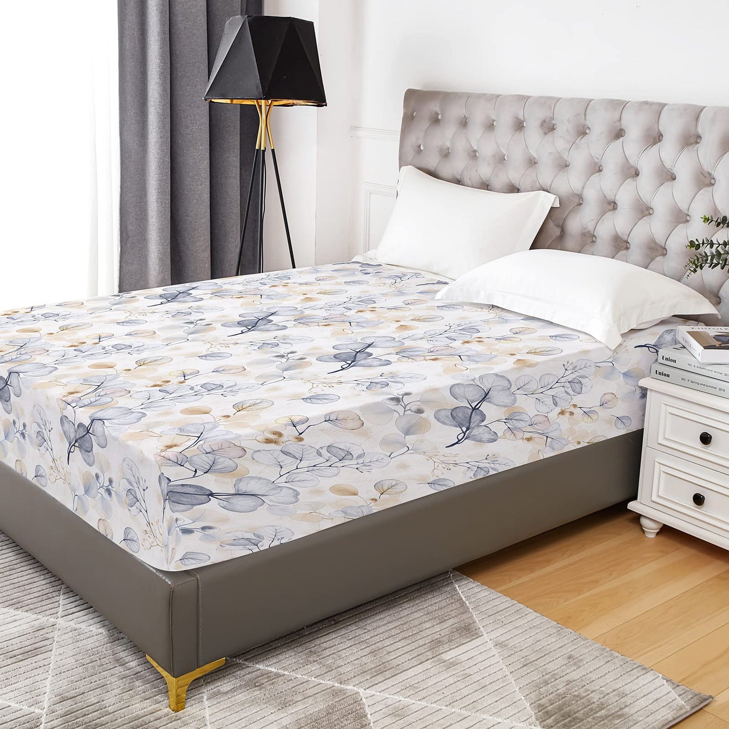 YIYEA Floral Fitted Sheet Only, Premium Double Brushed Microfiber Deep Pocket Fitted Sheet Queen Size, Ultra Soft Fitted Bottom Sheet, Shrinkage, Fade Resistant, Queen