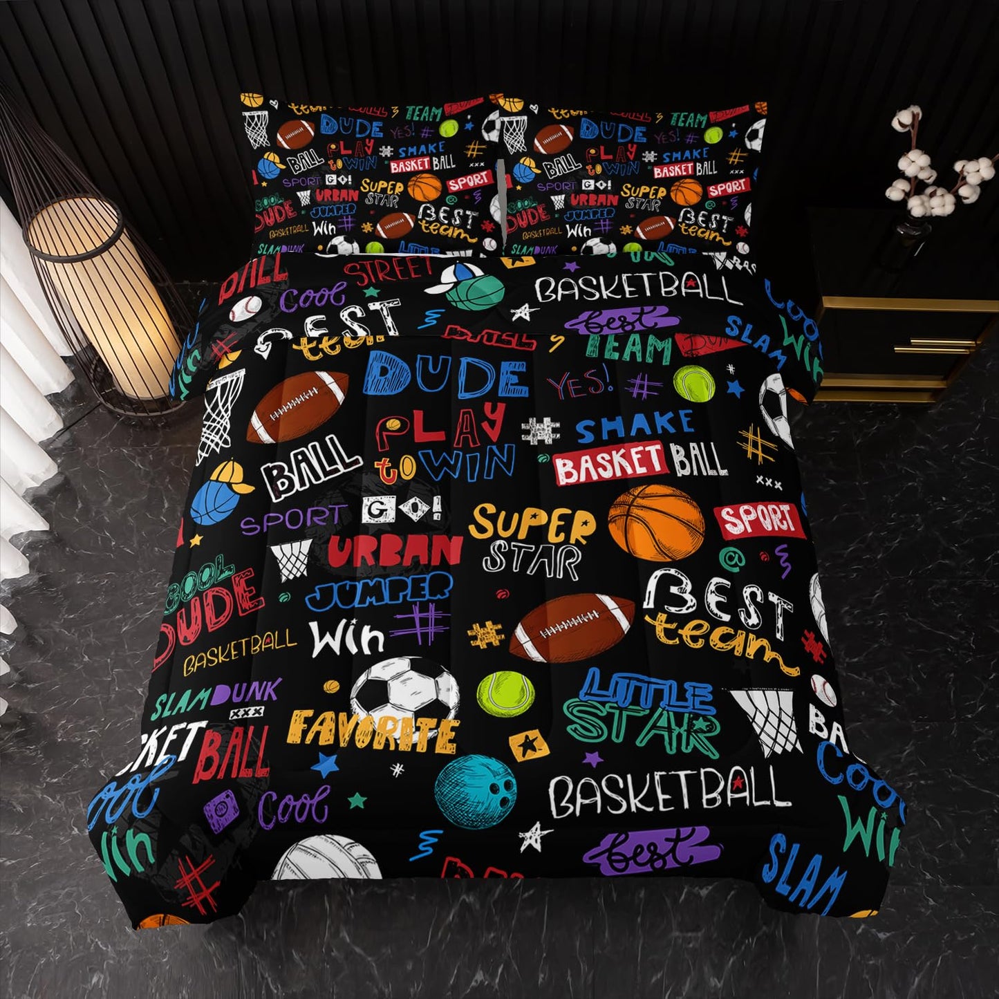 Nttopship Sports Ball Twin Comforter Set,Football Rugby Basketball Bedding Set for Kids Boys Girls Youth Ball Sports Themed Bedroom Decor Bedding Set 3 Pcs Bed in A Bag (1 Comforter, 2 Pillow Case)