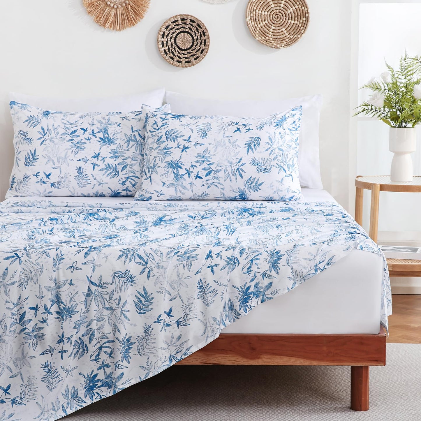Swiftify Botanical Full Size Sheets Set 6-Piece, Boho Floral Brushed Microfiber Sheets, Cooling Bed Sheet Set, Soft & Breathable, 16' Deep Pocket Fitted Sheet & Pillowcase Set, Blue Fern Whisper